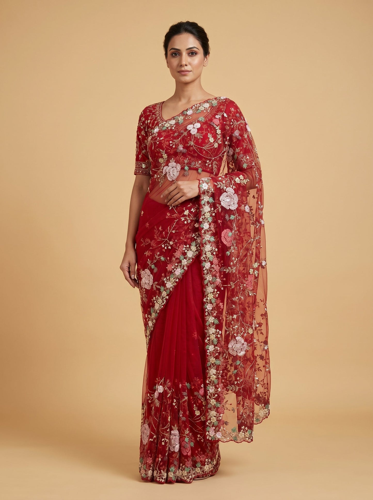 Red Bold Embroidered Saree