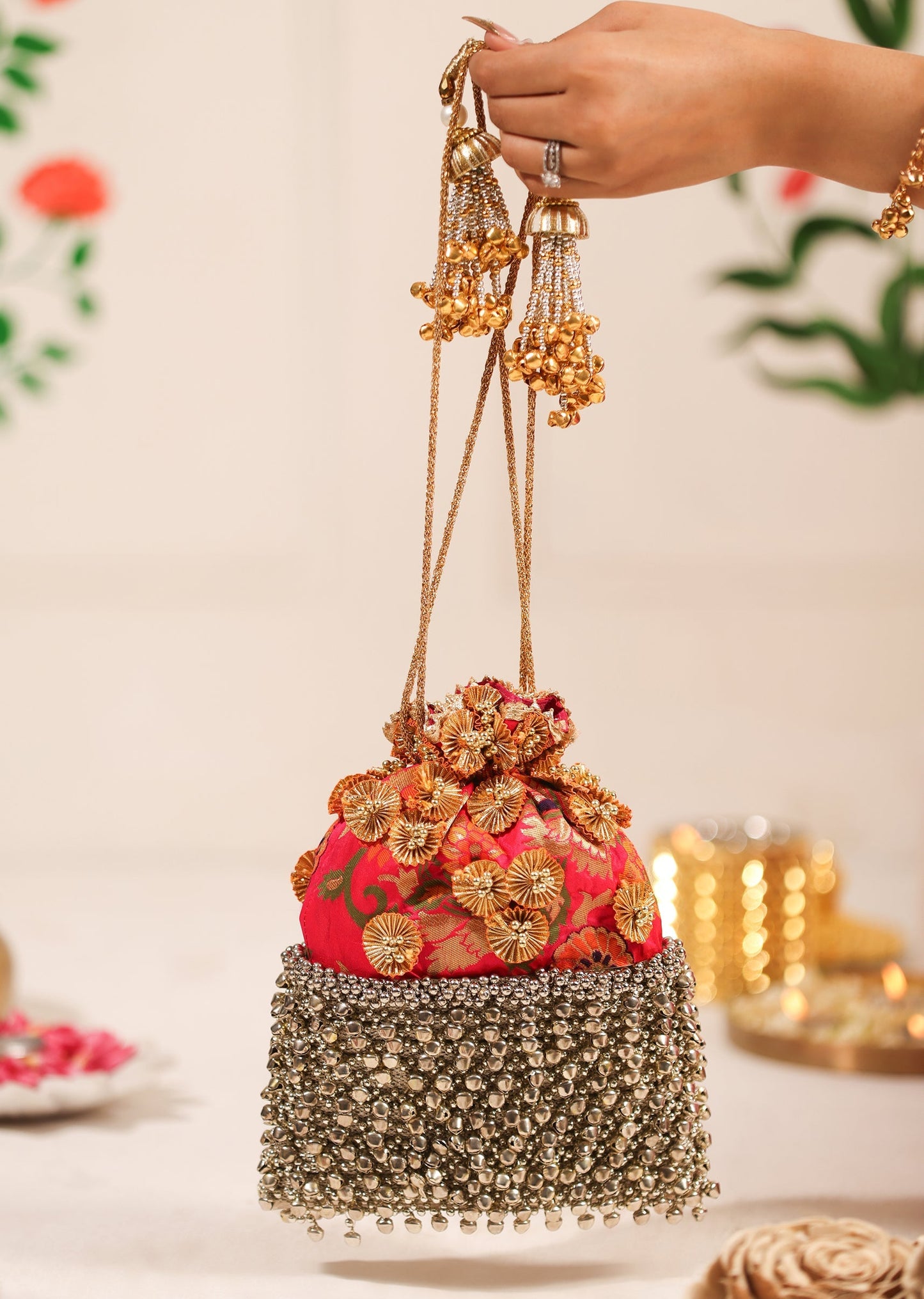Red Brocade Potli With Embellished Detailing