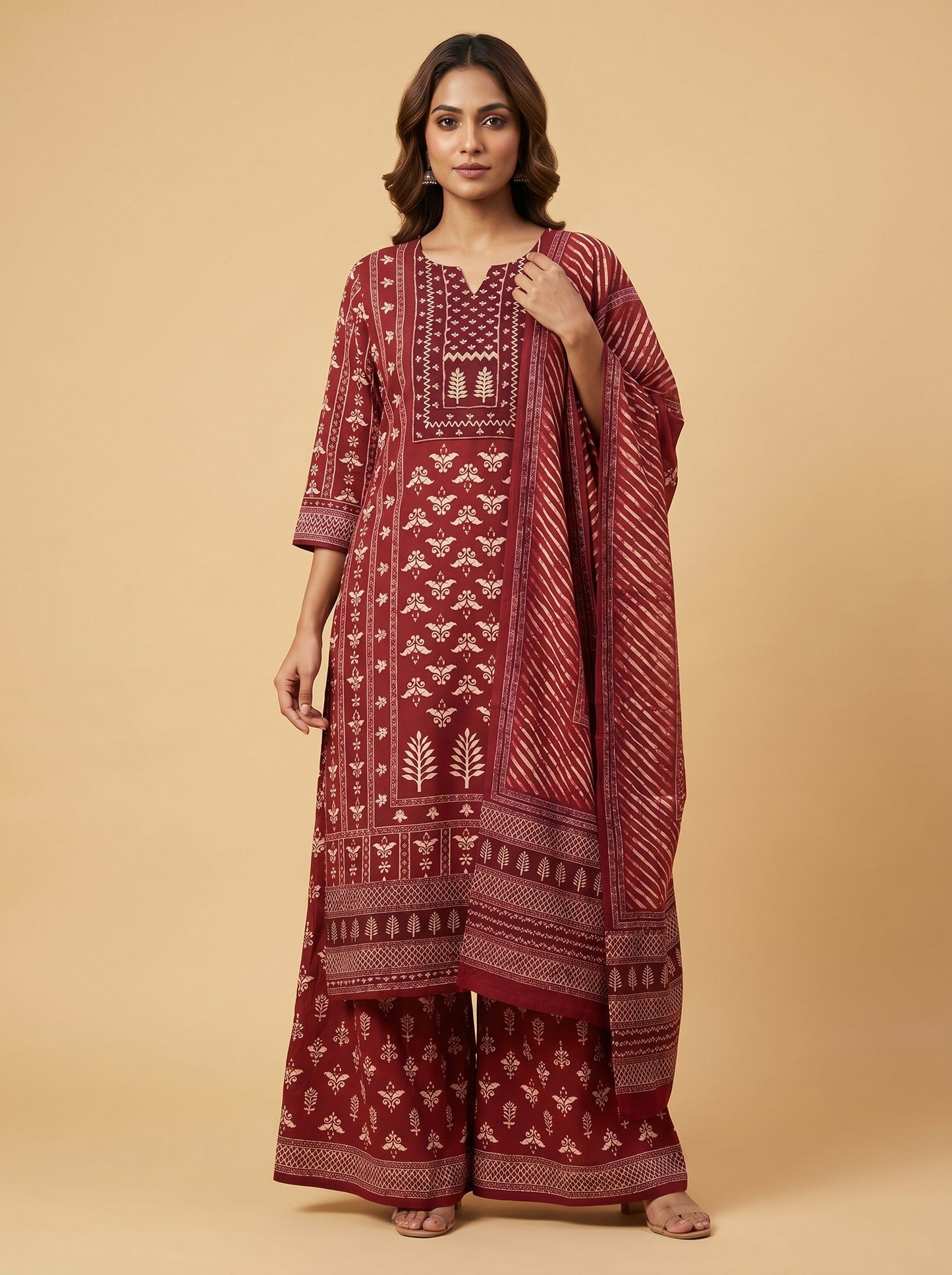 Red Chanderi Block Print Kurti Pant Set