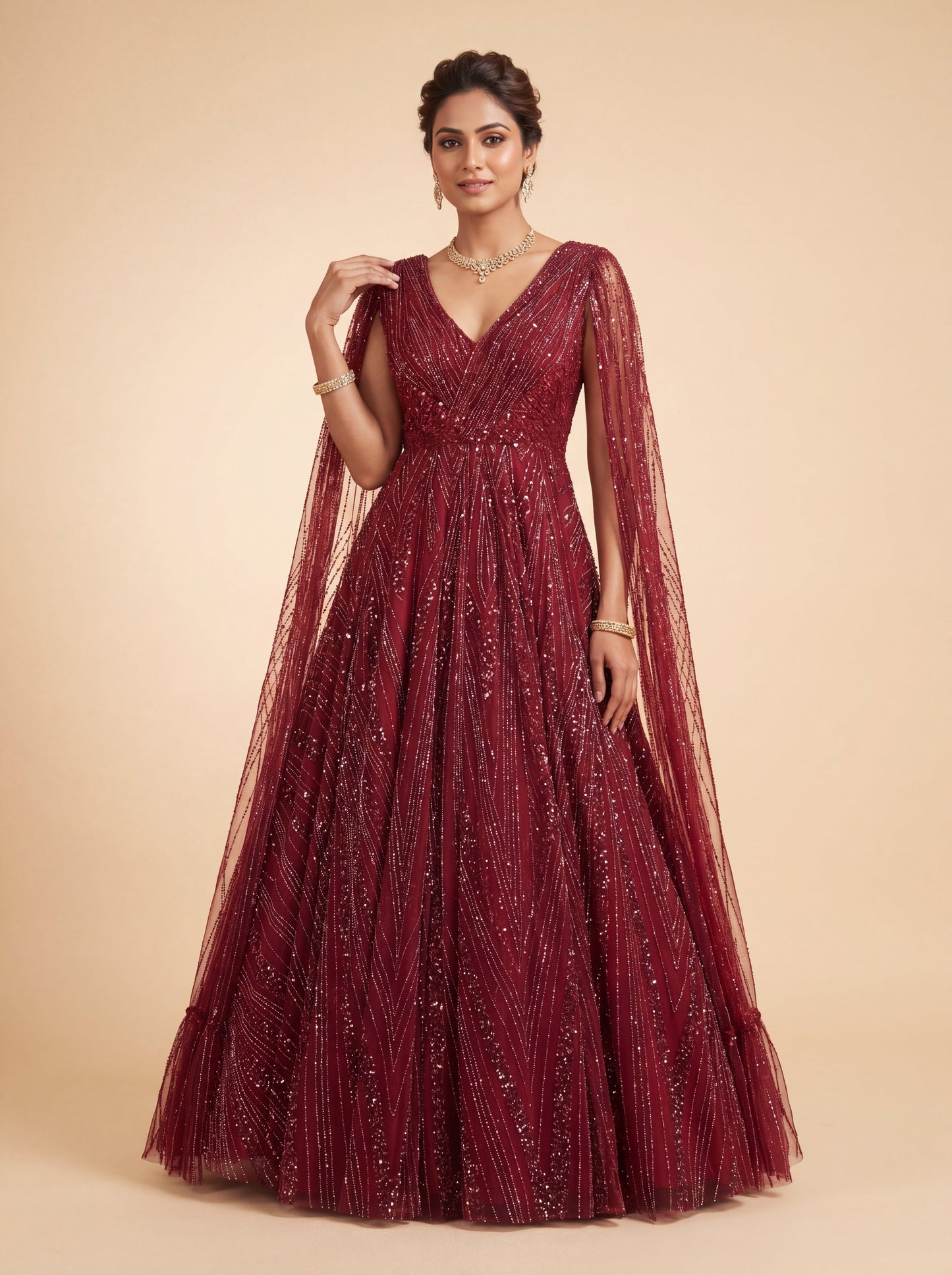 Red Contemporary Gown With Embellished Floral Flare
