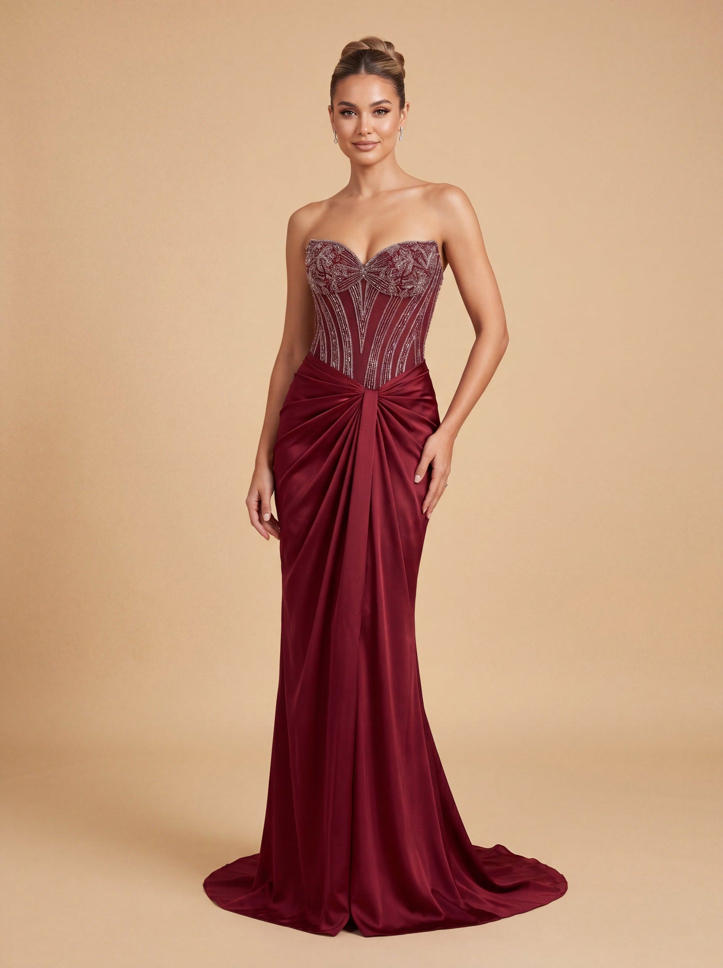 Red Contemporary Gown With Velvet Corset Dramatic Hemline