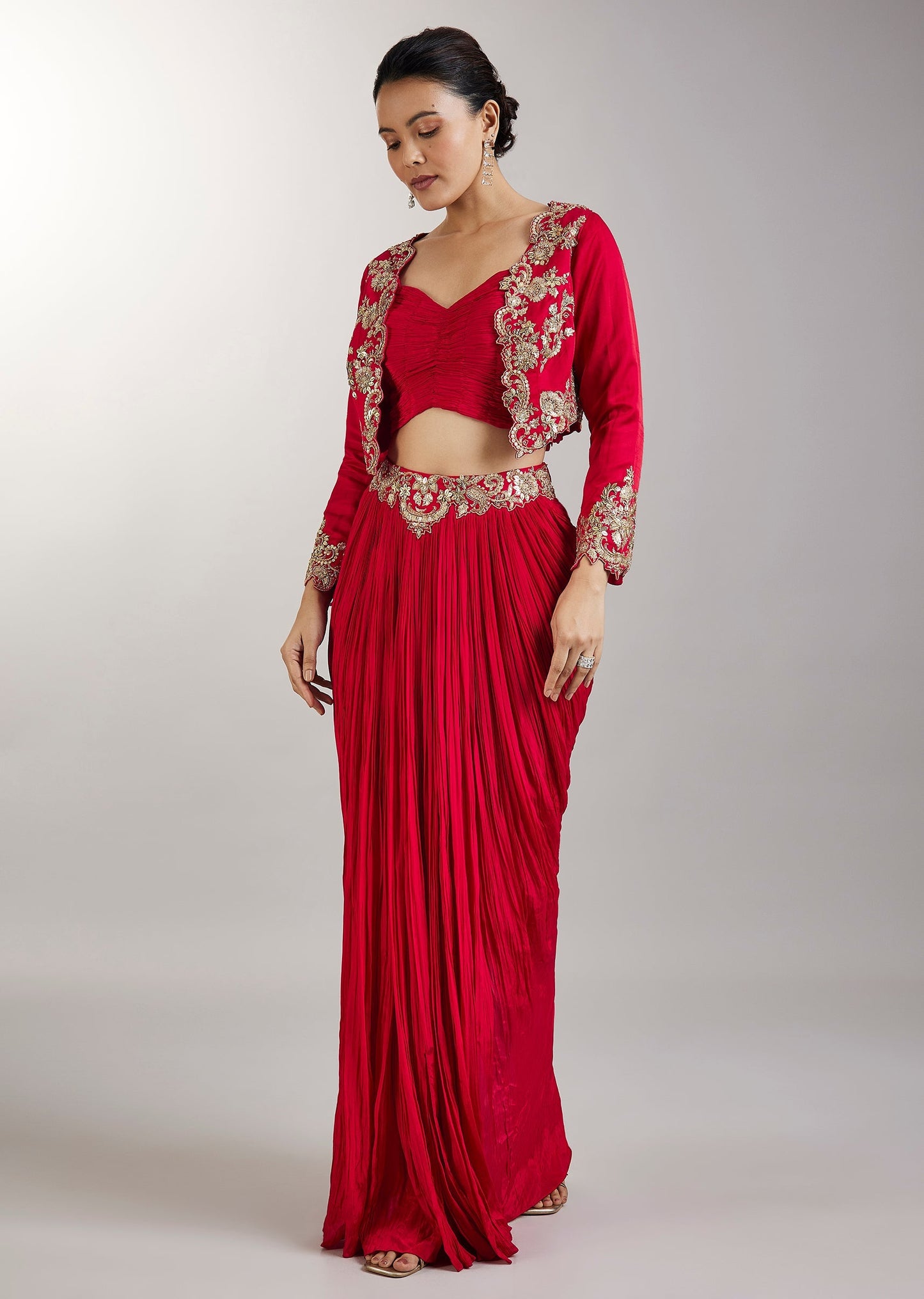 Red Crop Top Skirt With Embellished Jacket