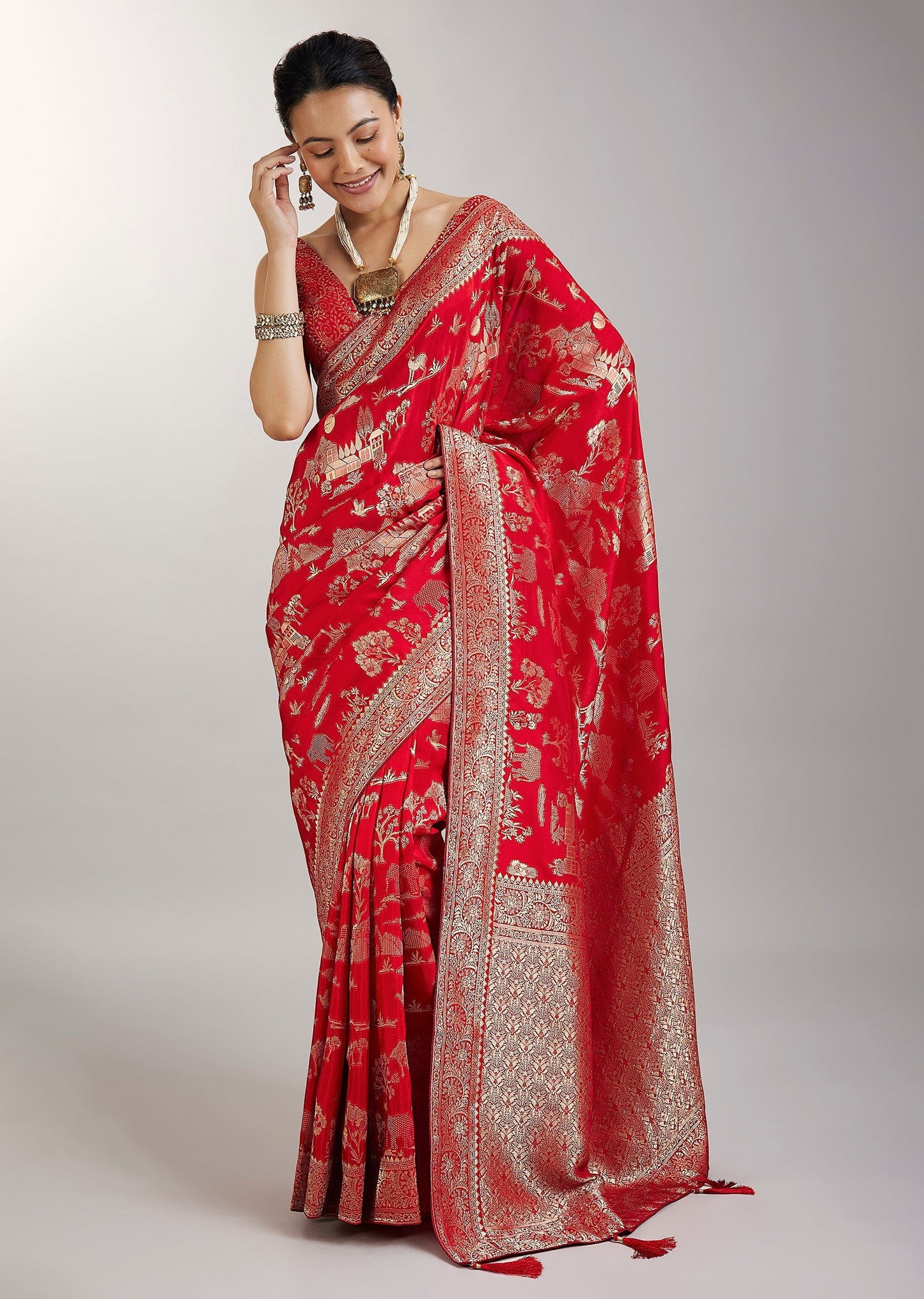 Red Dola Silk Jungla Weave Saree