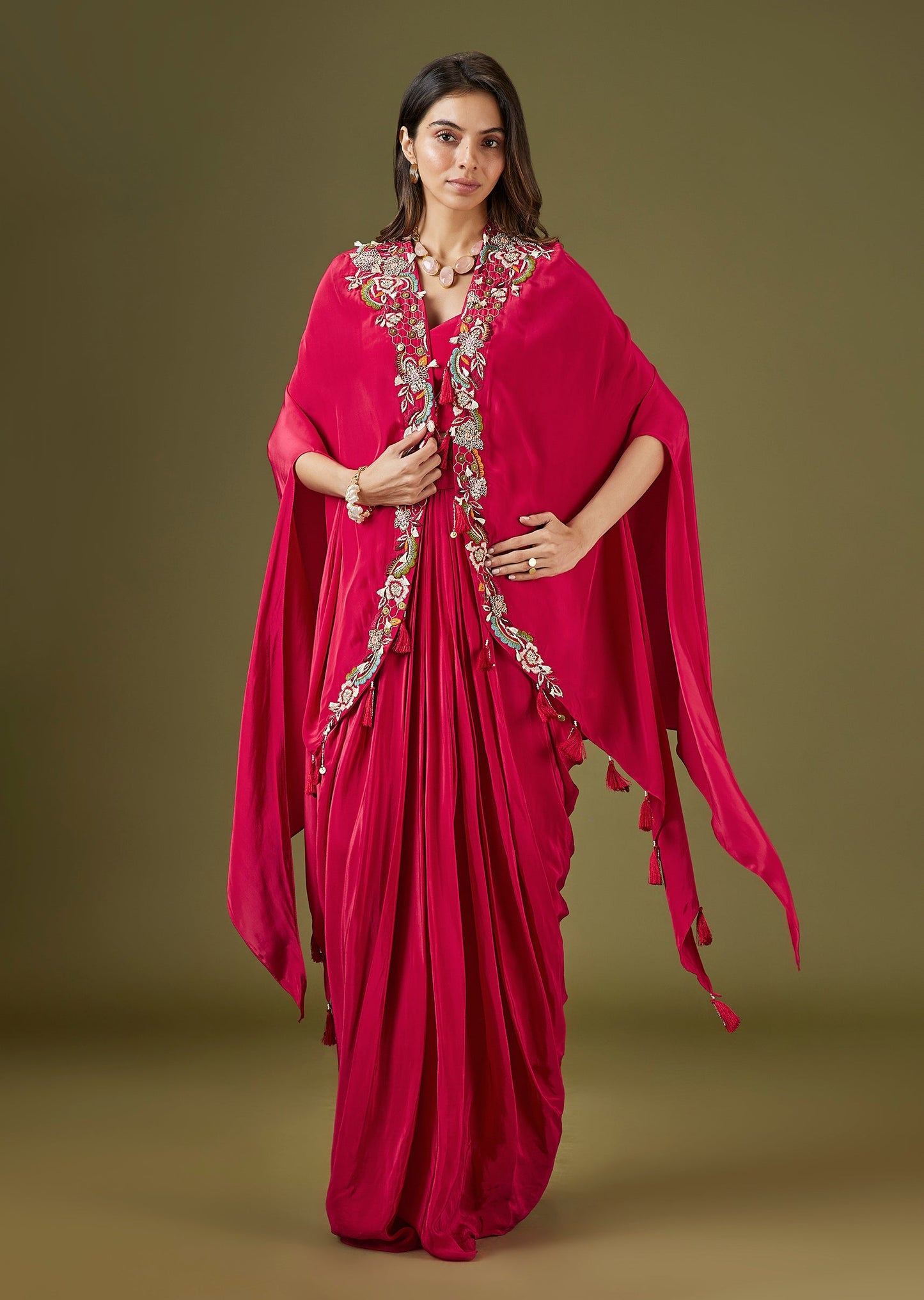 Red Embroidered Cape Skirt Set