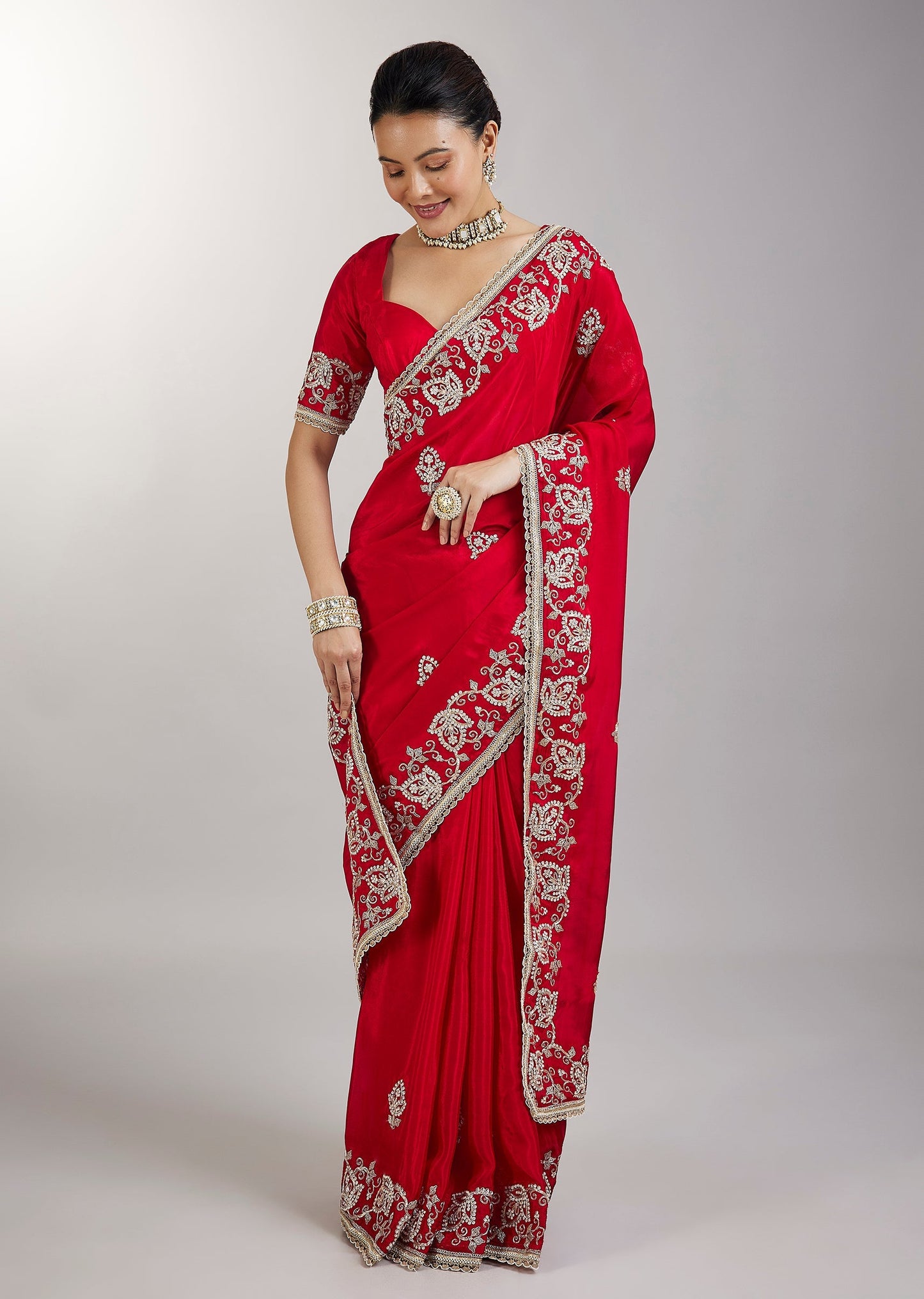 Red Embroidered Crepe Saree With Zari Border