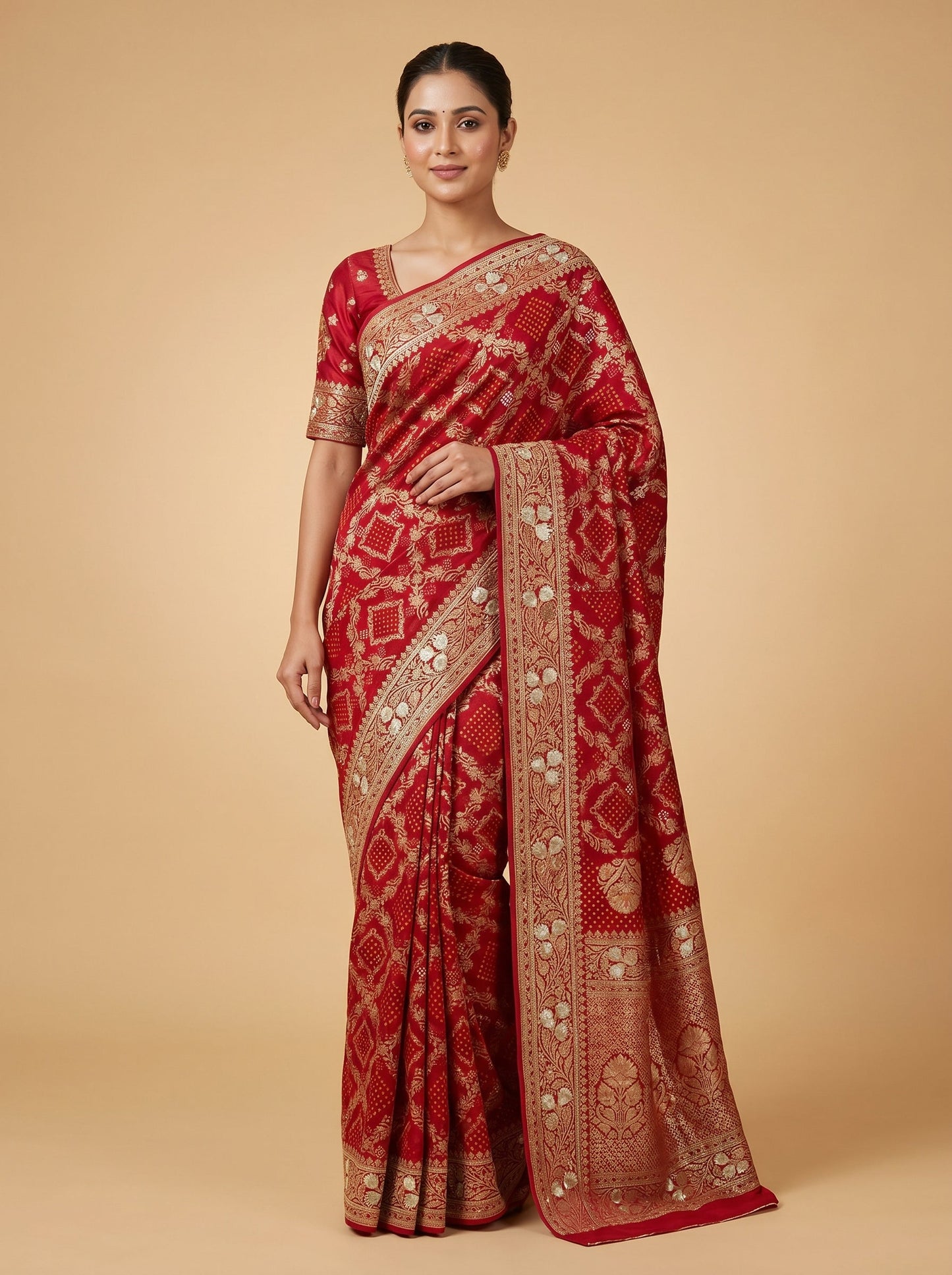 Red embroidered saree with heavy zari