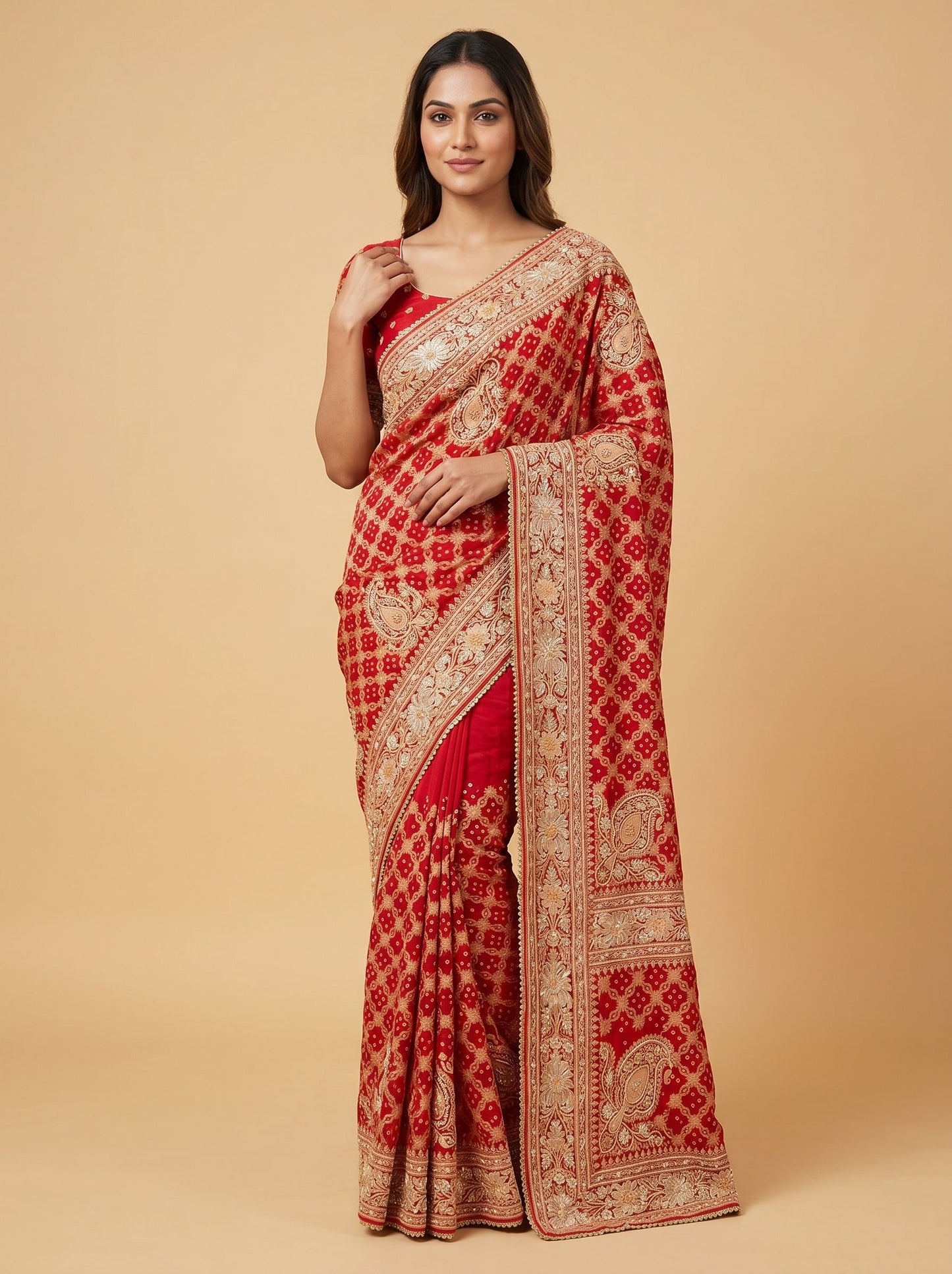 Red Embroidered Saree with Signature Craft