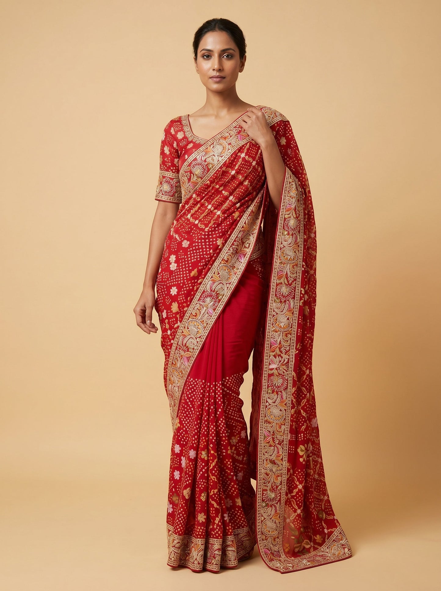 Red Embroidered Saree with Statement Craft