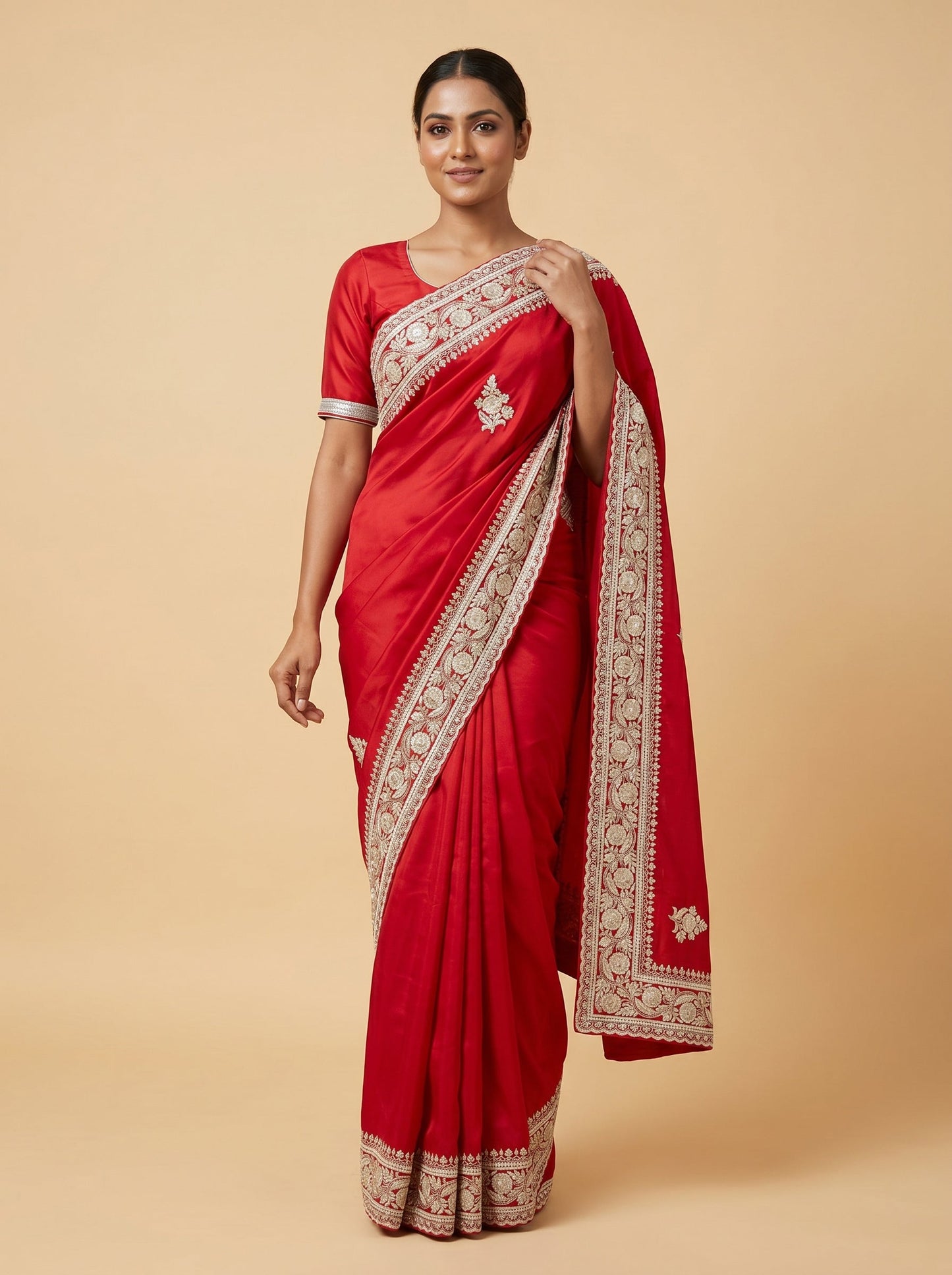 Red Embroidered Saree with Zari Trim