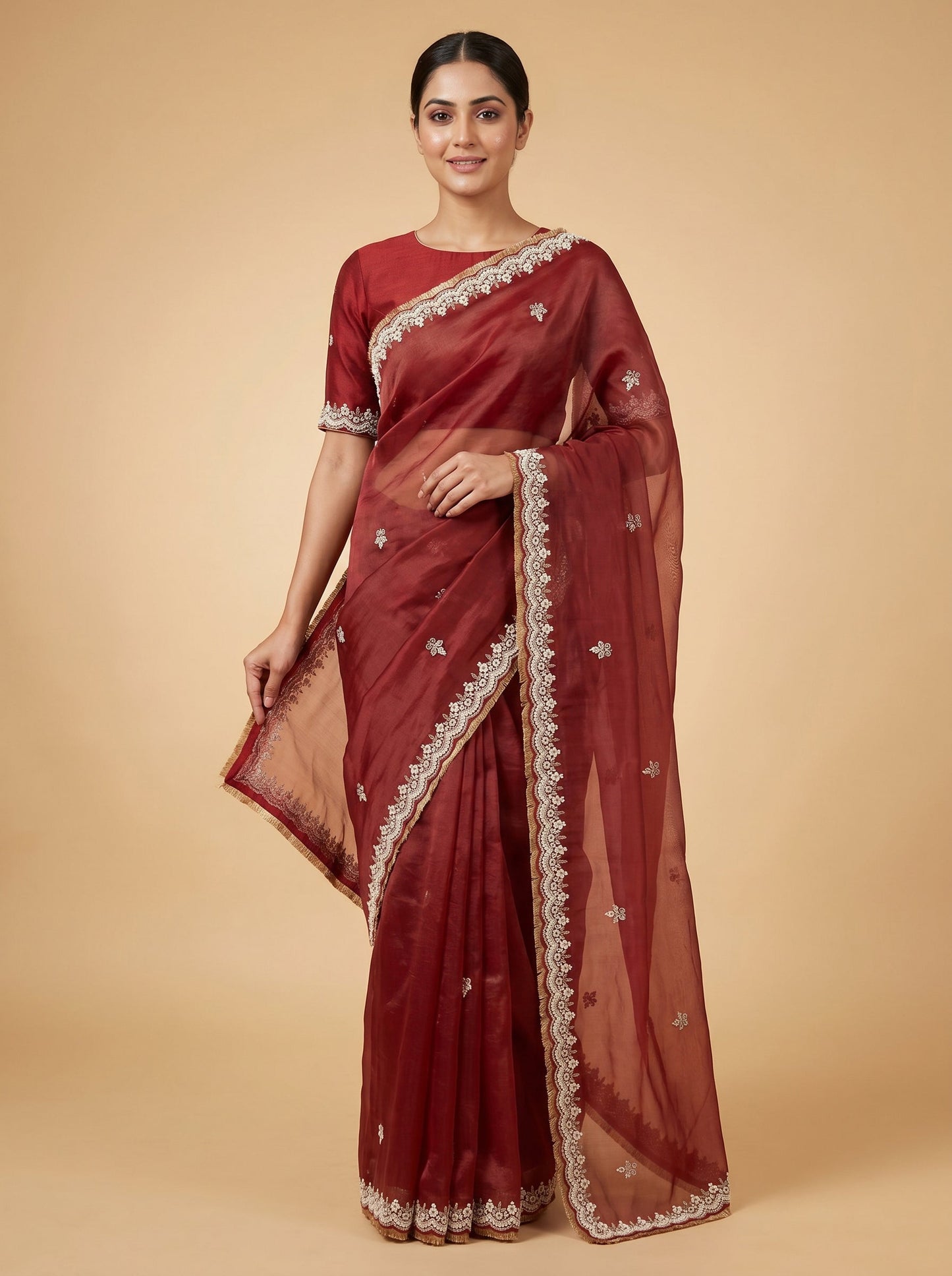 Red Festive Detailing Embroidered Saree