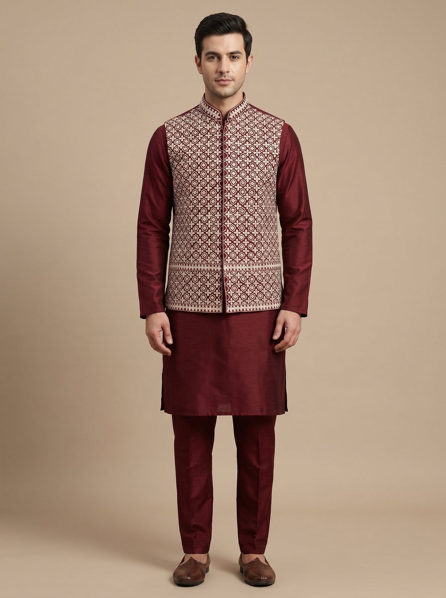 Red Festive Jacket Kurta Set