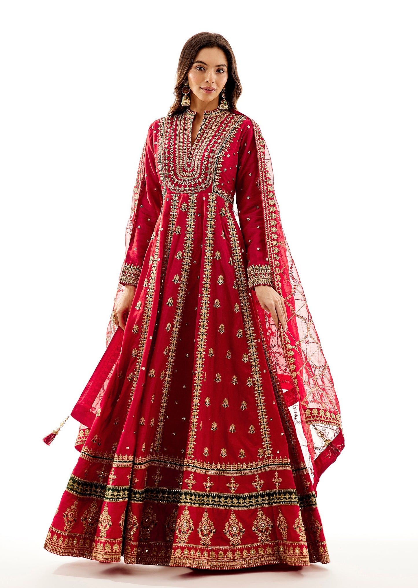 Red Floor Length Anarkali With Zari Embroidery