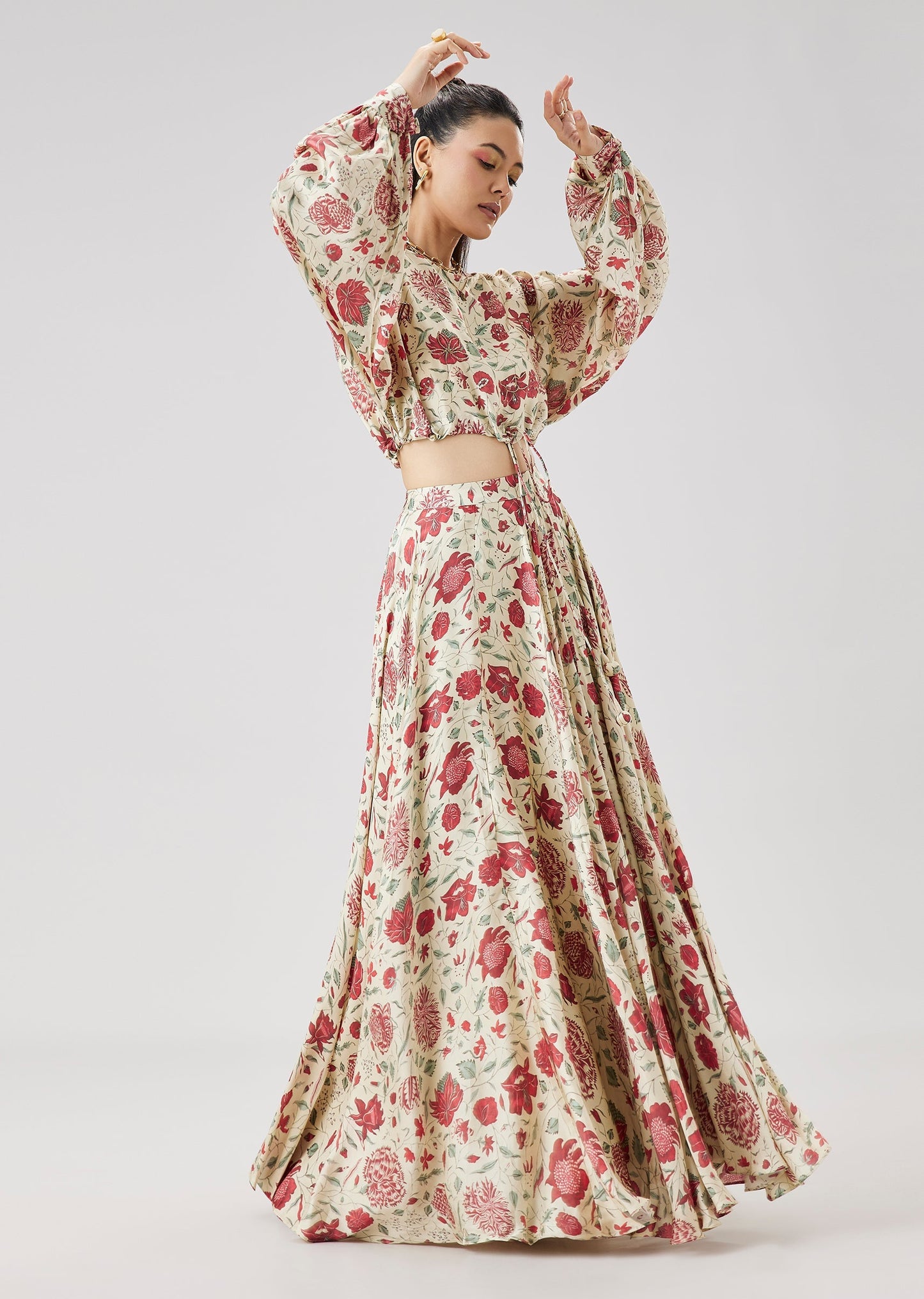 Red Floral Printed Crop Top And Skirt Set