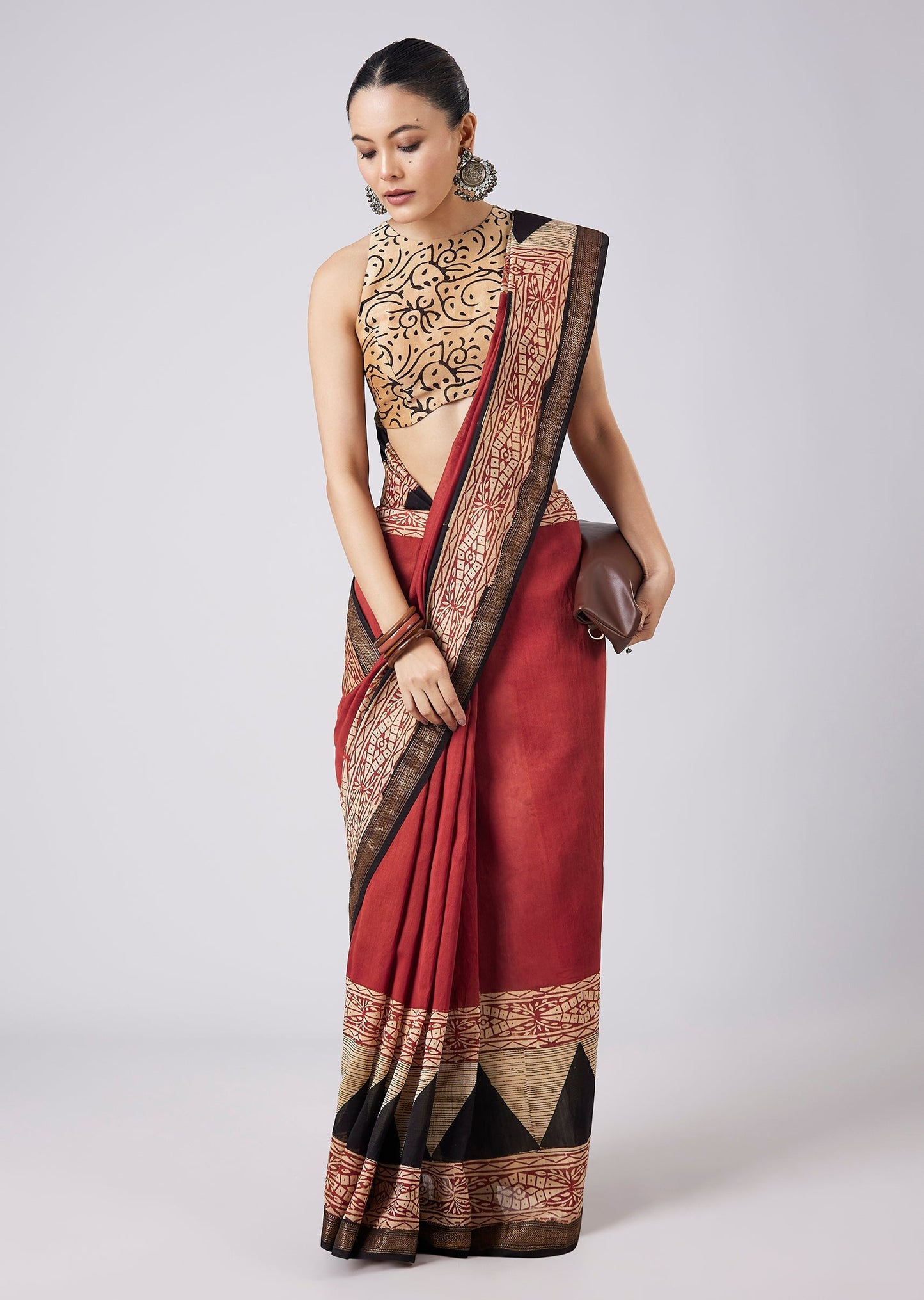 Red Geometric Block Printed Saree with Unstitched Blouse