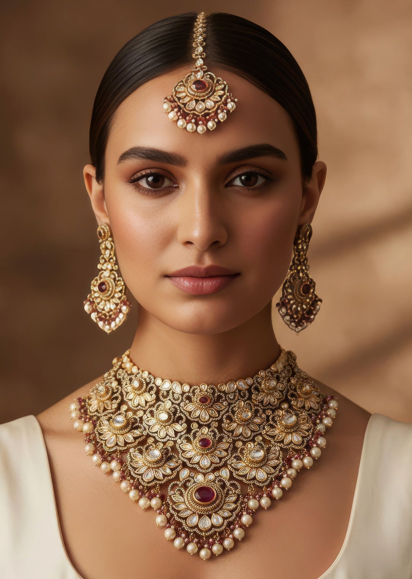 Red Gold Jewellery Set With Semi Precious Stones And Drops