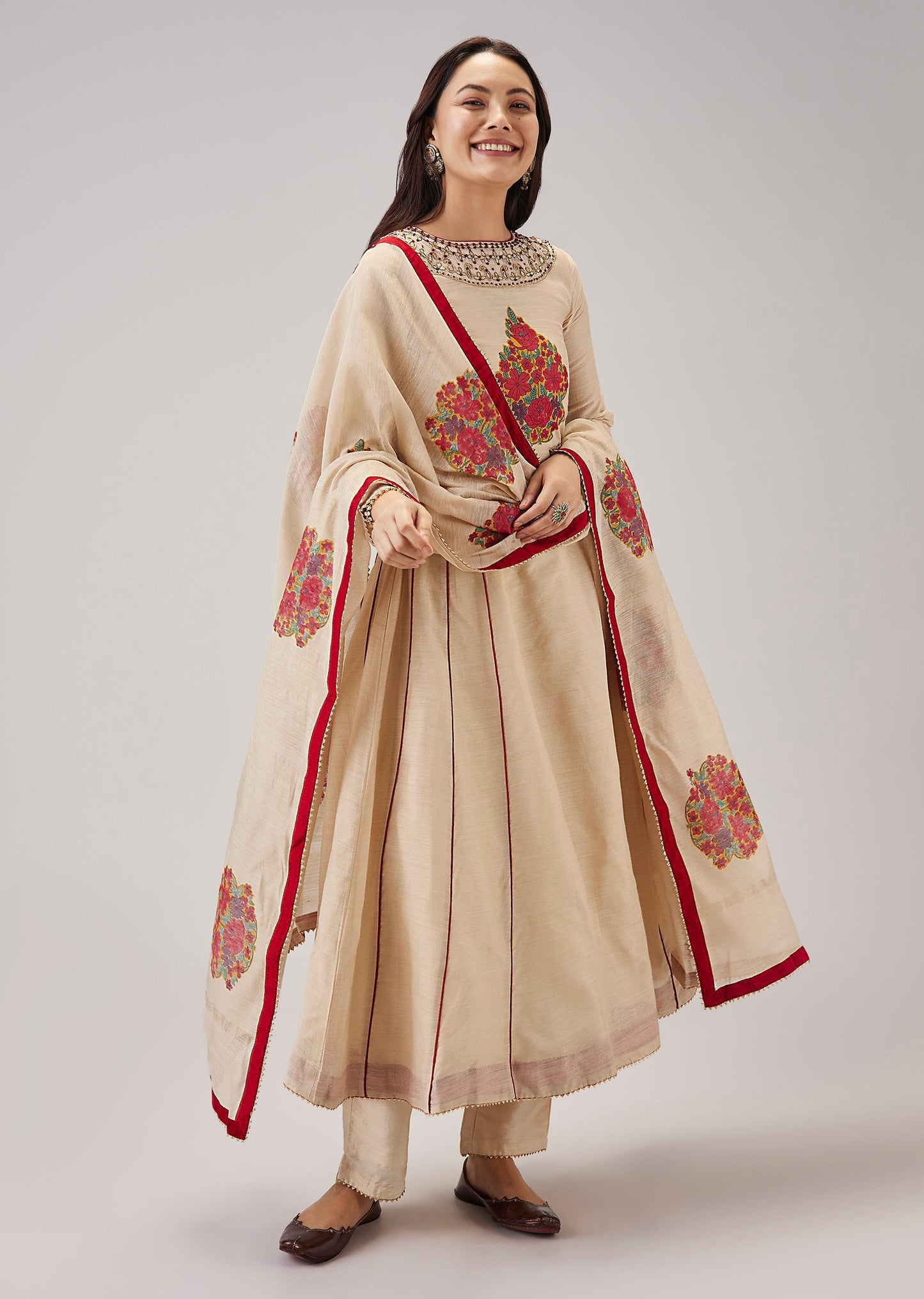 Red Hand Block Printed Anarkali Suit Set