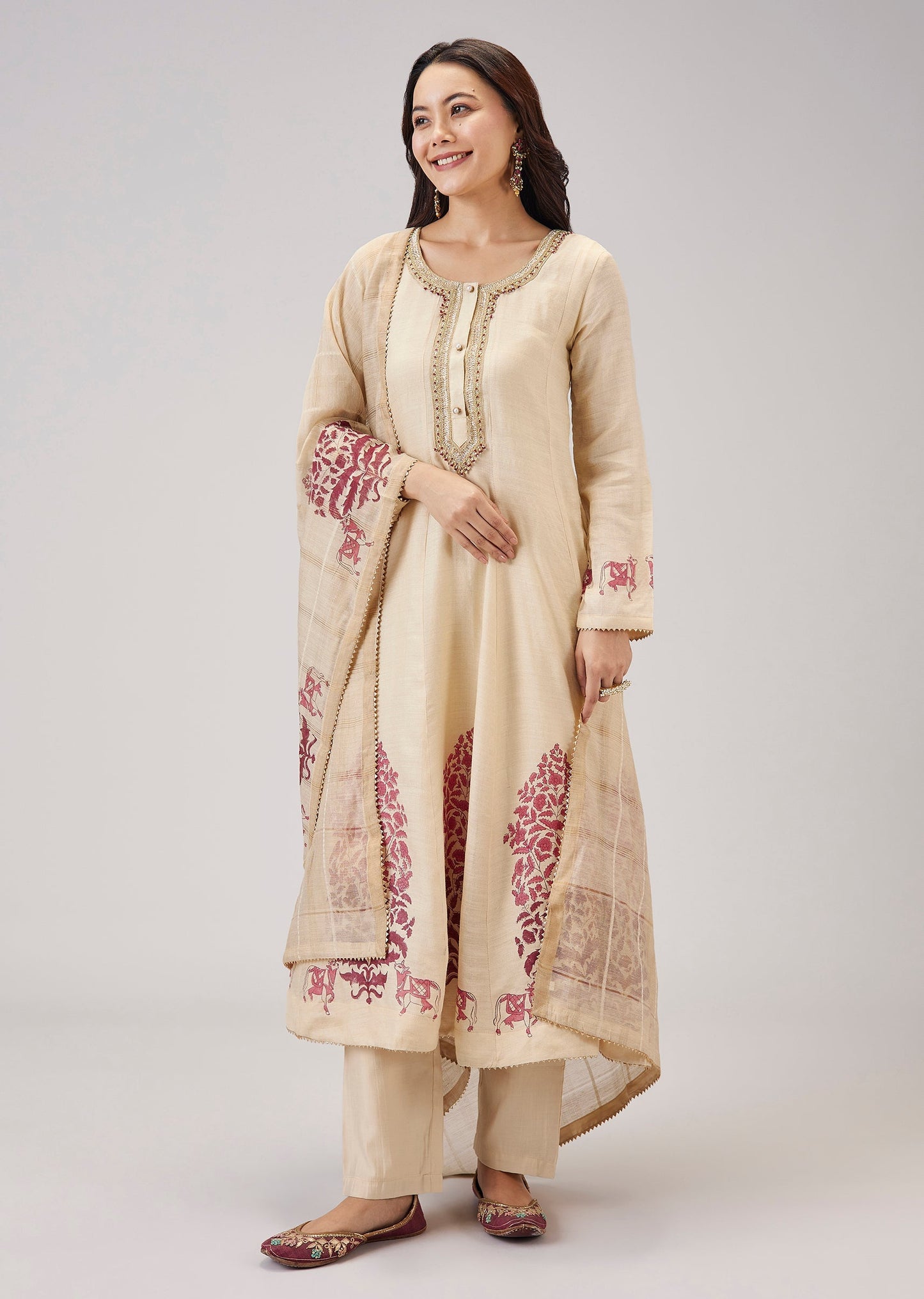 Red Hand Block Print Anarkali With Zardosi Detailing