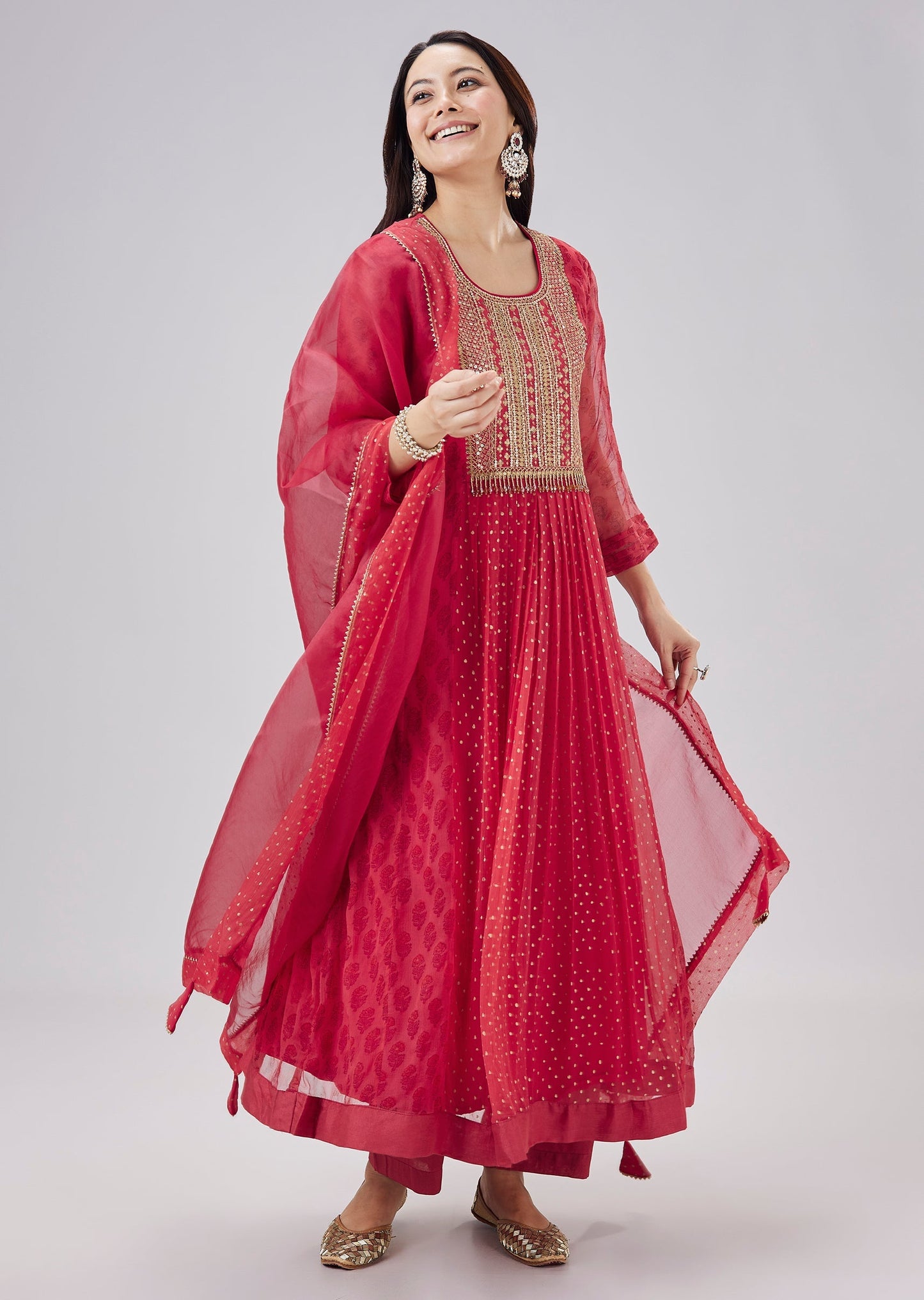 Red Hand Block Printed Chiffon Anarkali Set With Dupatta