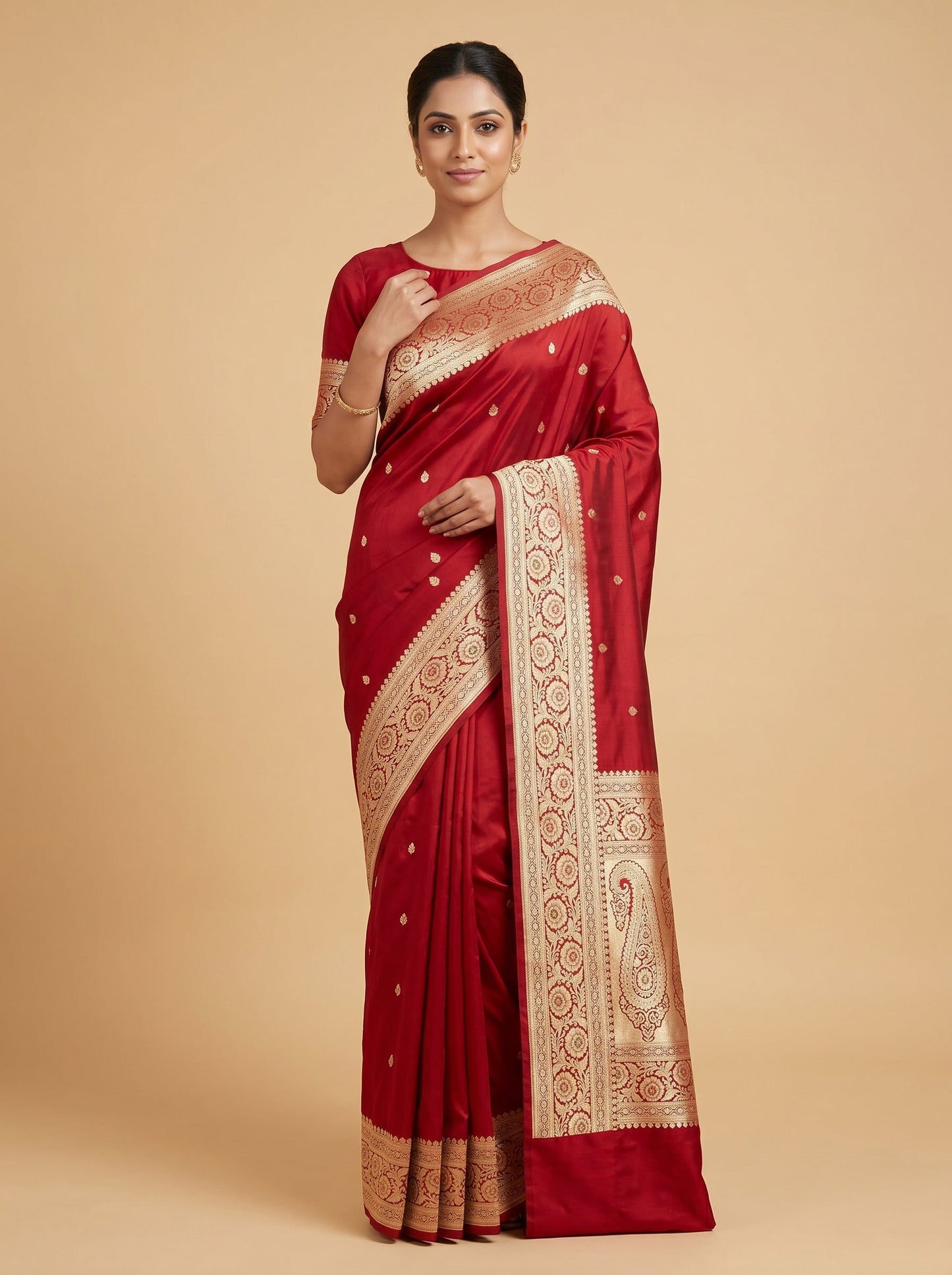 Red Handloom Saree with Bold Drape