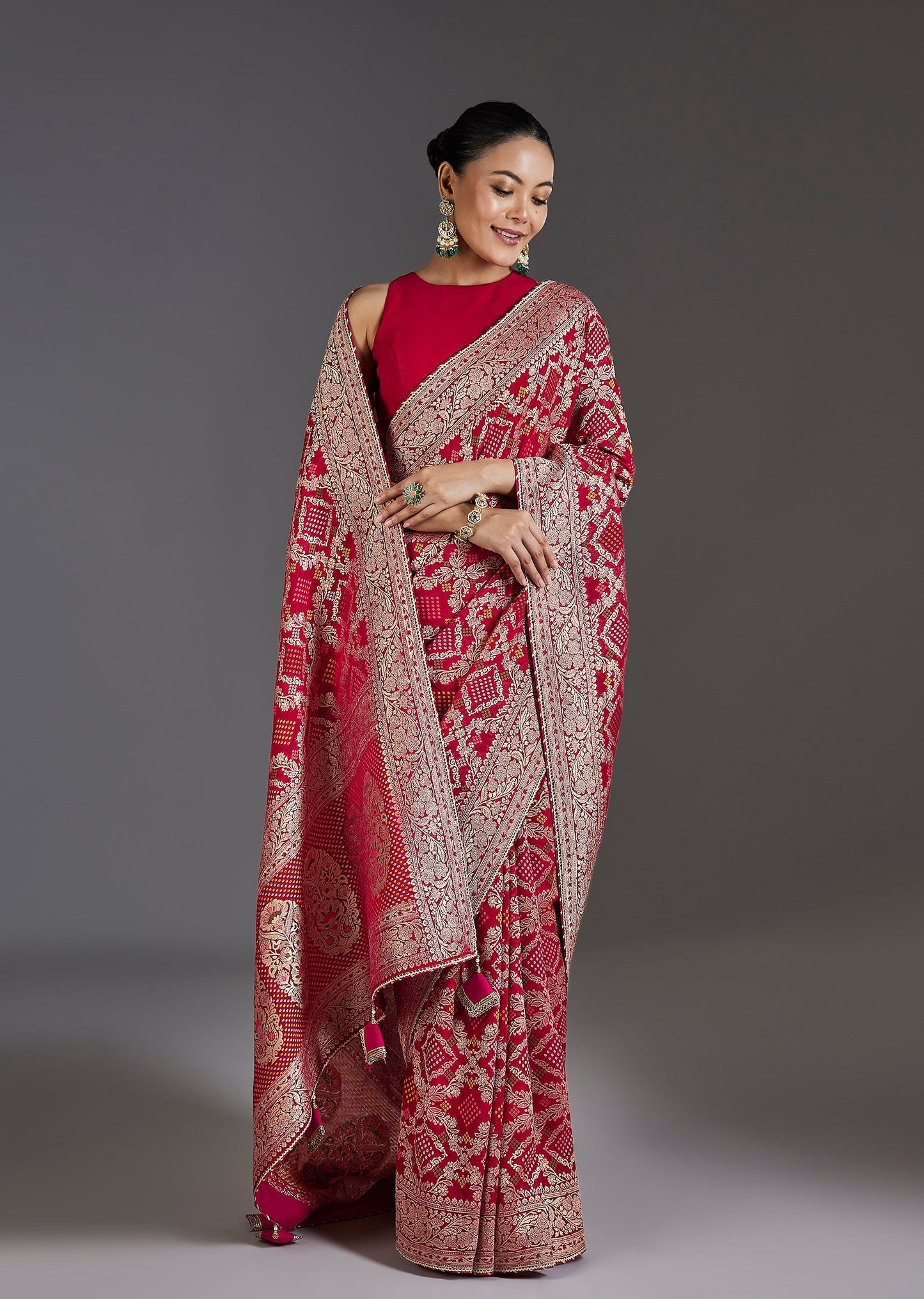 Red Khaddi Georgette Woven Bandhani Saree
