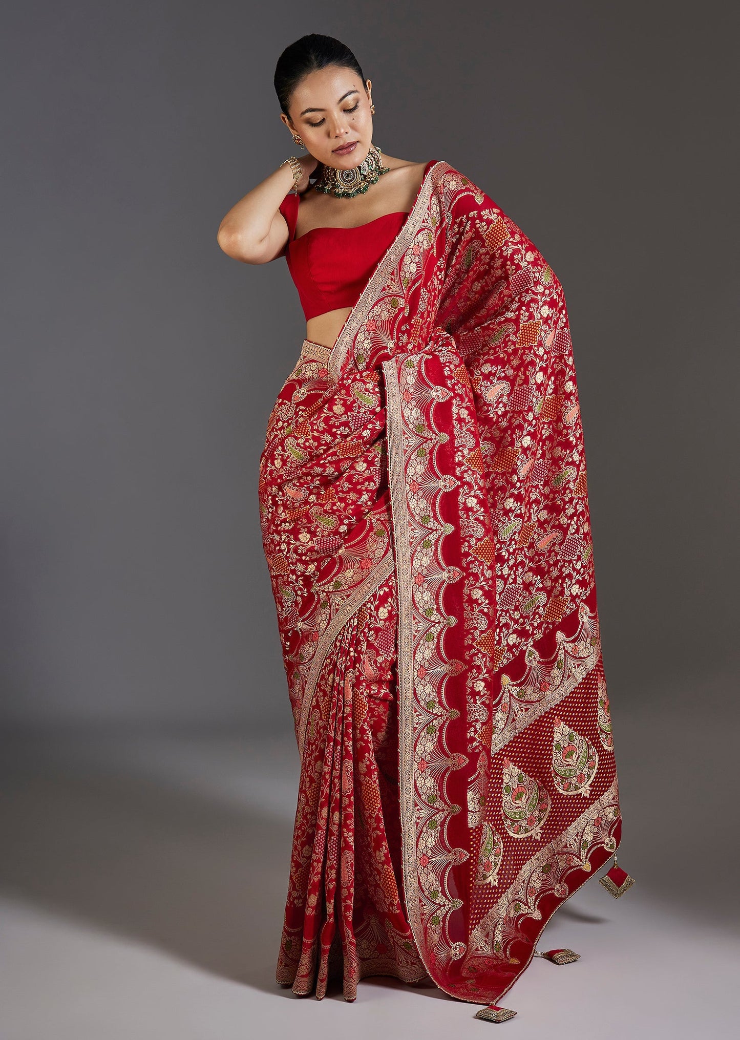Red Khaddi Georgette Zari Jaal Saree