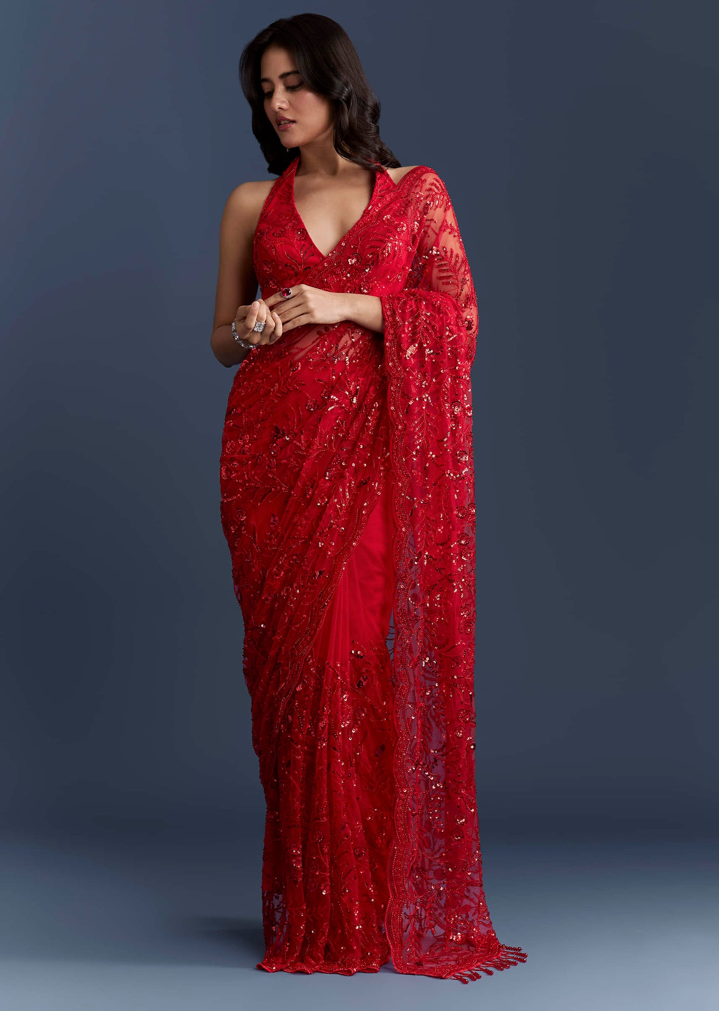 Red Net Saree With Floral Sequins Embroidery