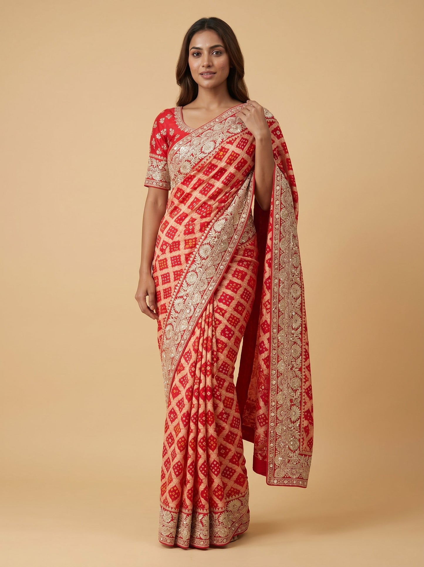 Red Orange Bandhani Saree with Dual Tone Finish