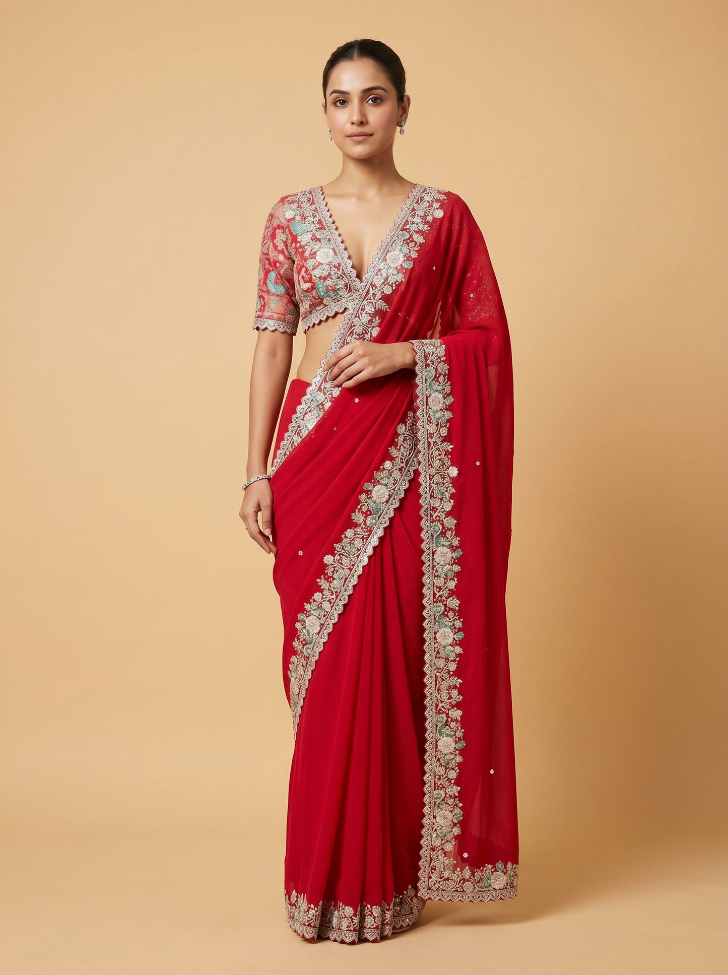 Red Orange Fiery Blend Embroidered Saree