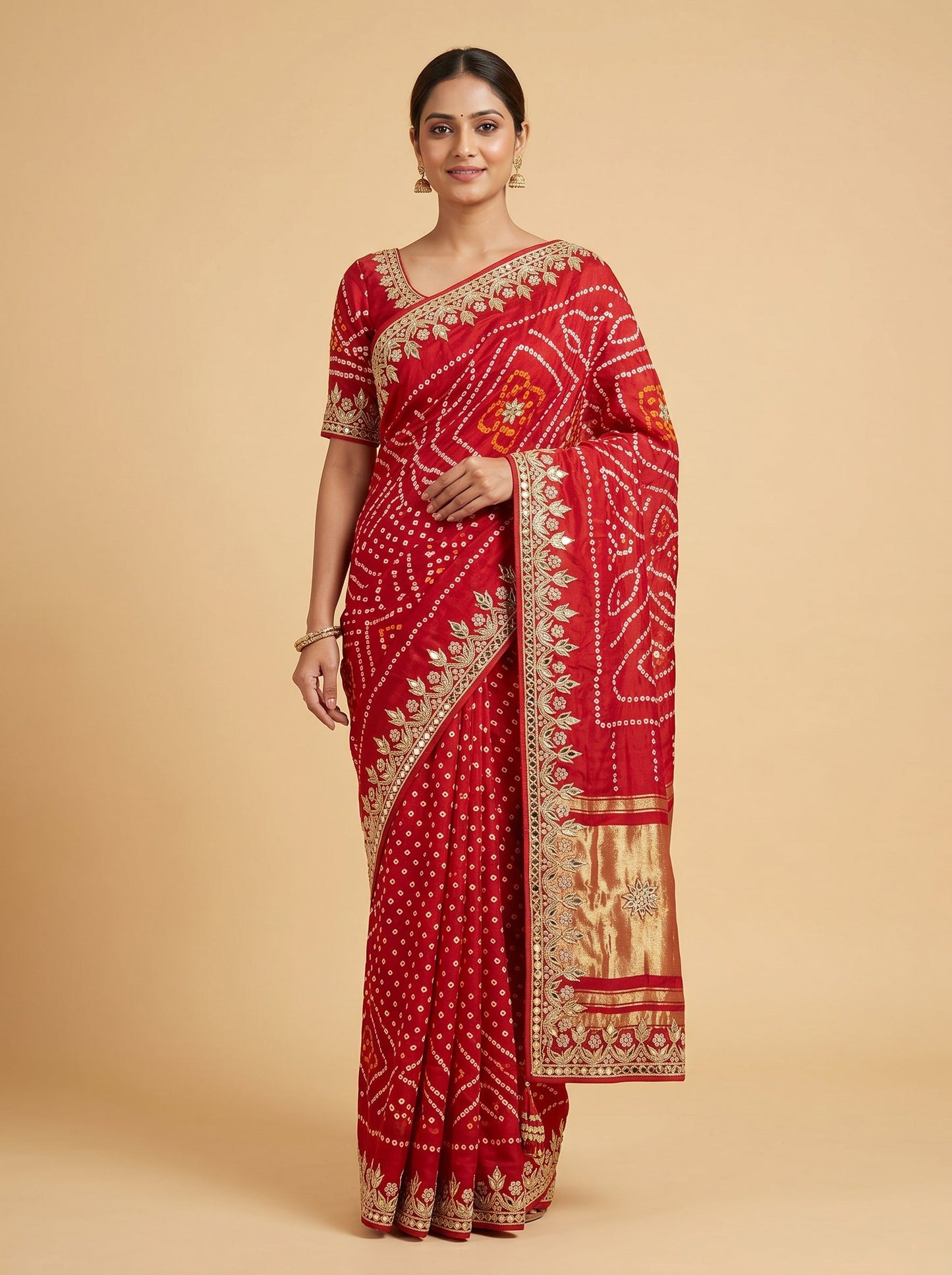 Red Orange Mixed Shade Bandhani Saree