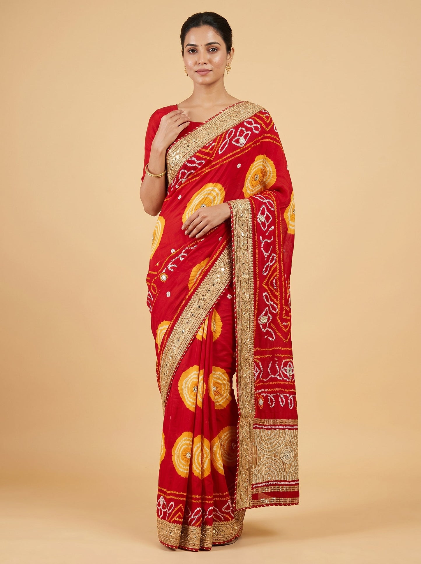 Red Orange Tie-Dye Bandhani Saree