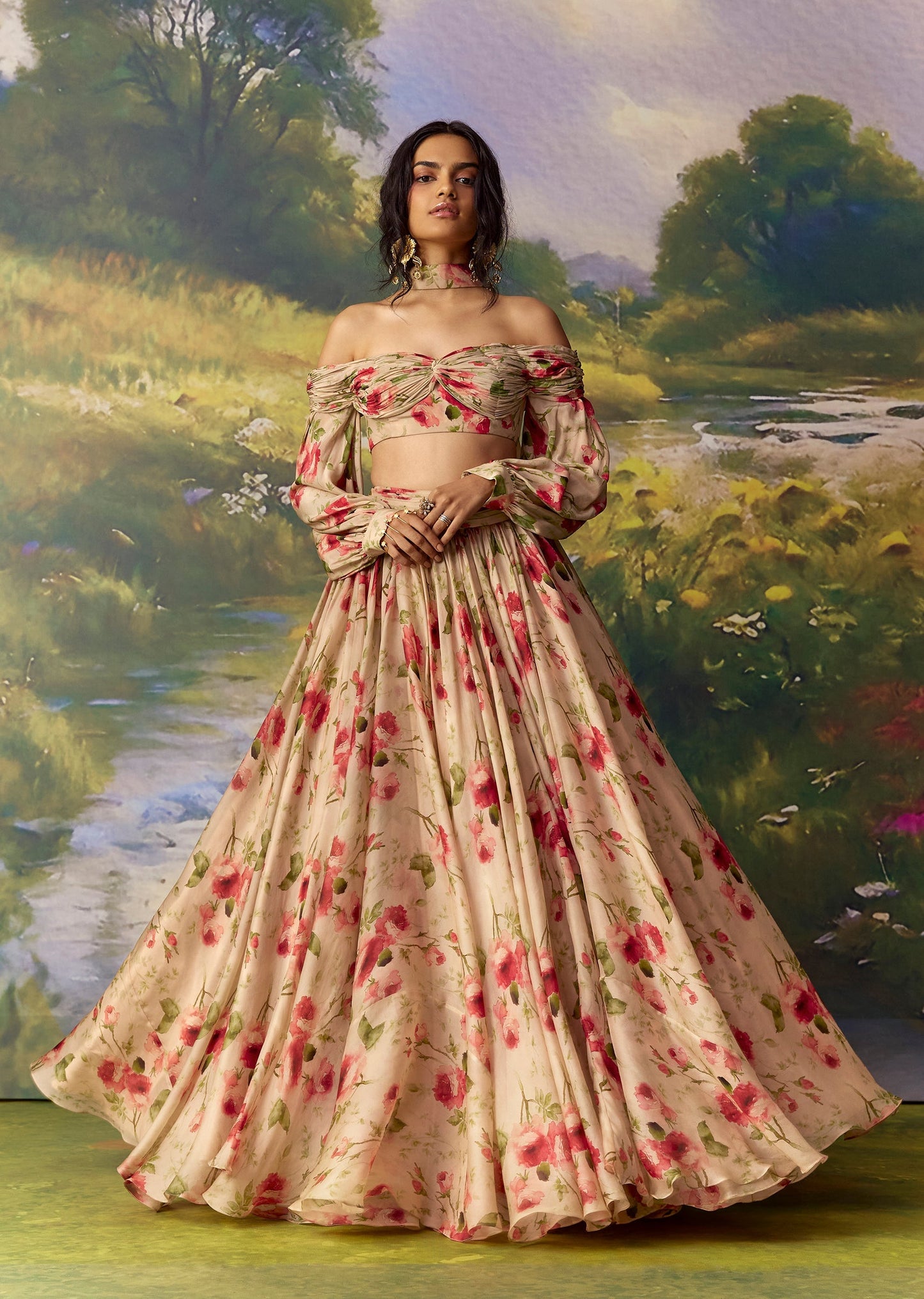 Red Organza Bridesmaid Lehenga Set with Fancy Sleeves