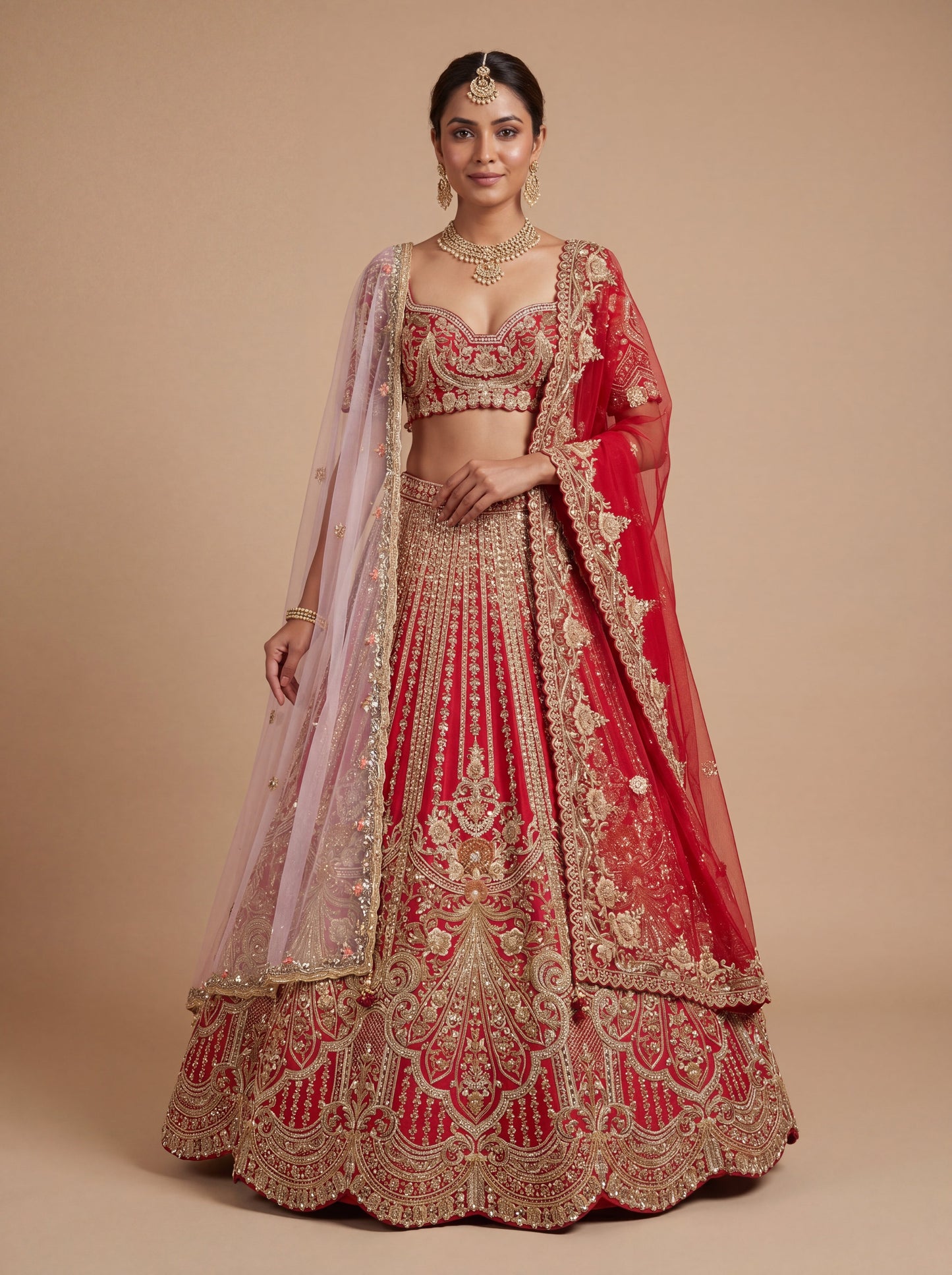 Red Pheras Bridal Lehenga With Floral Embroidery Volume