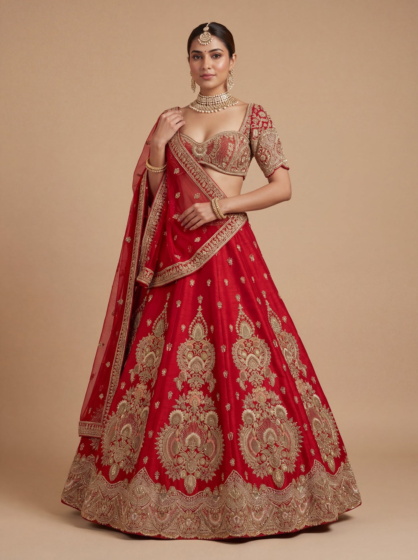 Red Pheras Bridal Lehenga With Golden Zari Voluminous Skirt