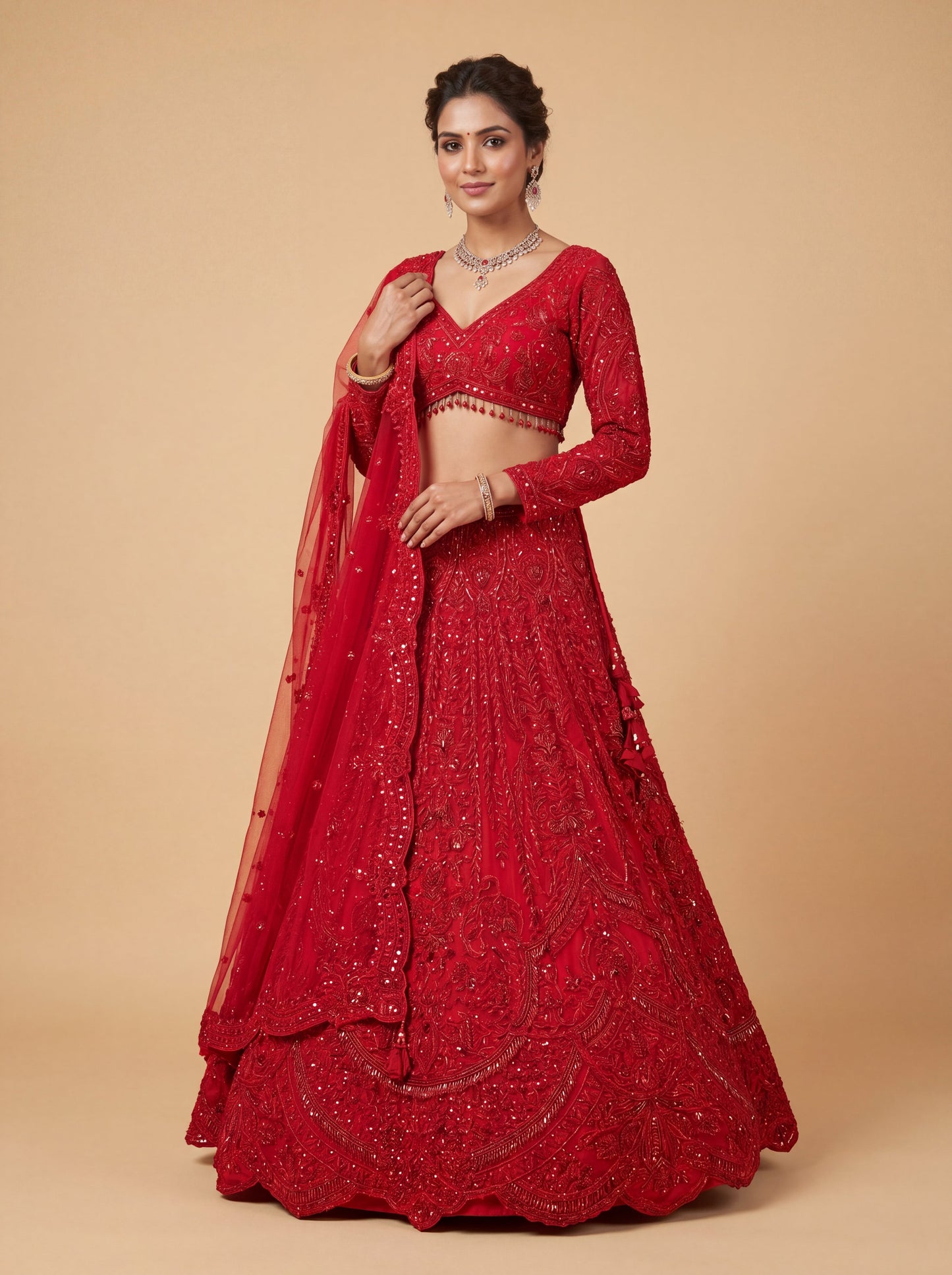 Red Pheras Bridal Lehenga With Velvet Blouse Trailing Dupatta