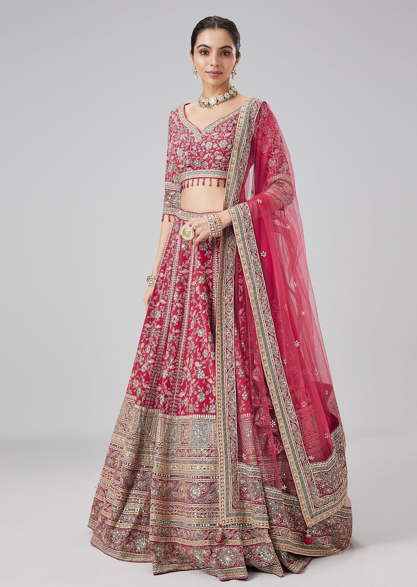 Red Printed Embellished Lehenga Set With Dupatta