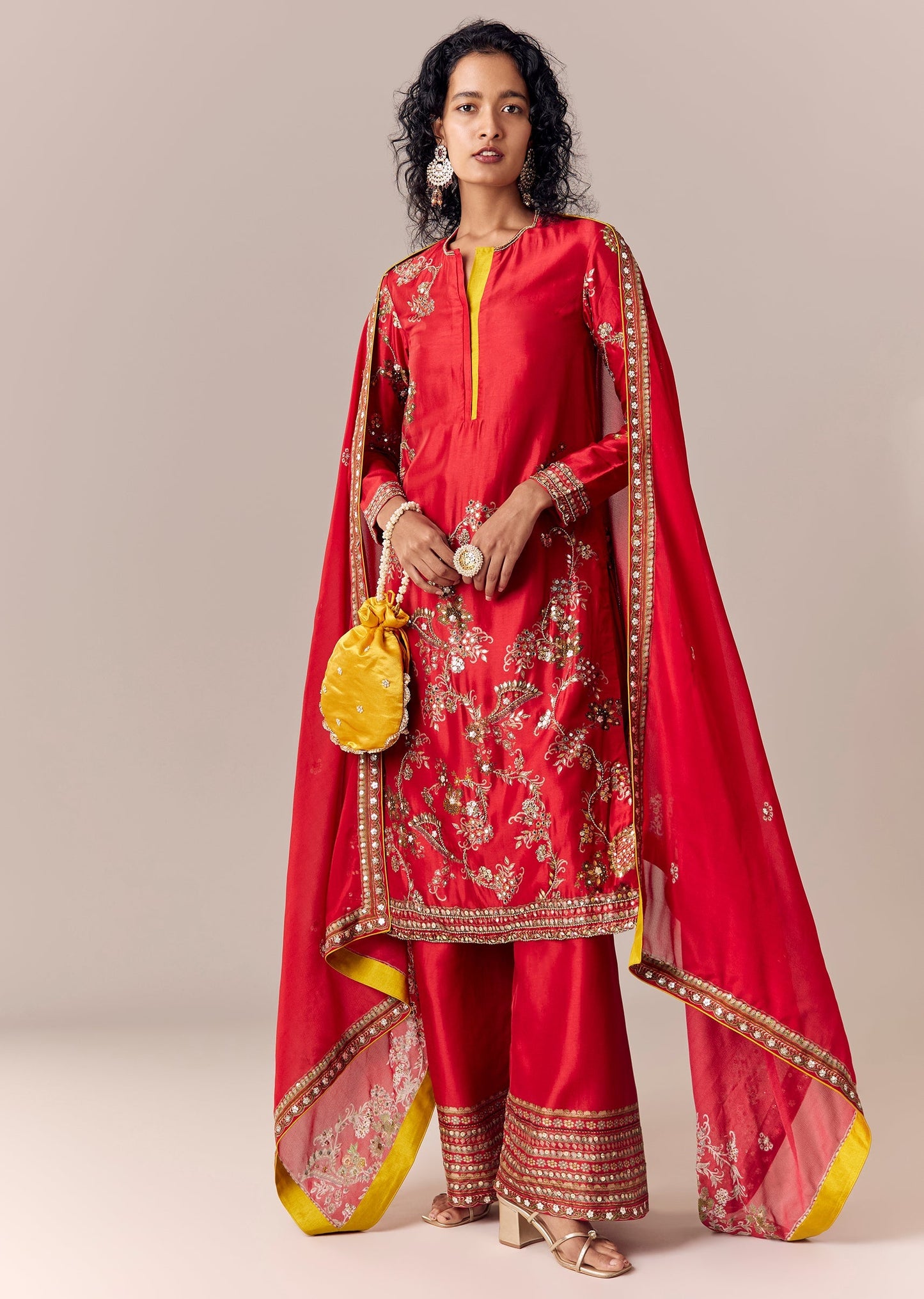 Red Printed Kurta Palazzo Set With Dupatta