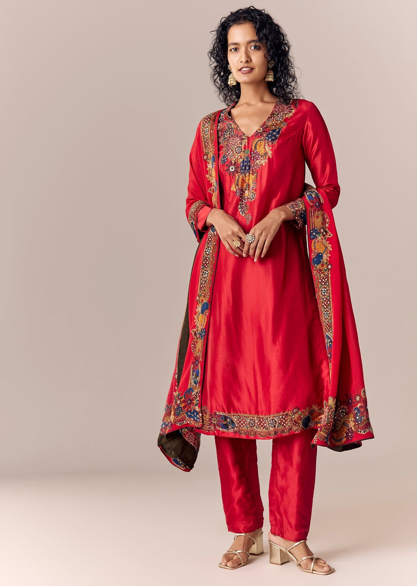 Red Printed Kurta Pant Set With Dupatta