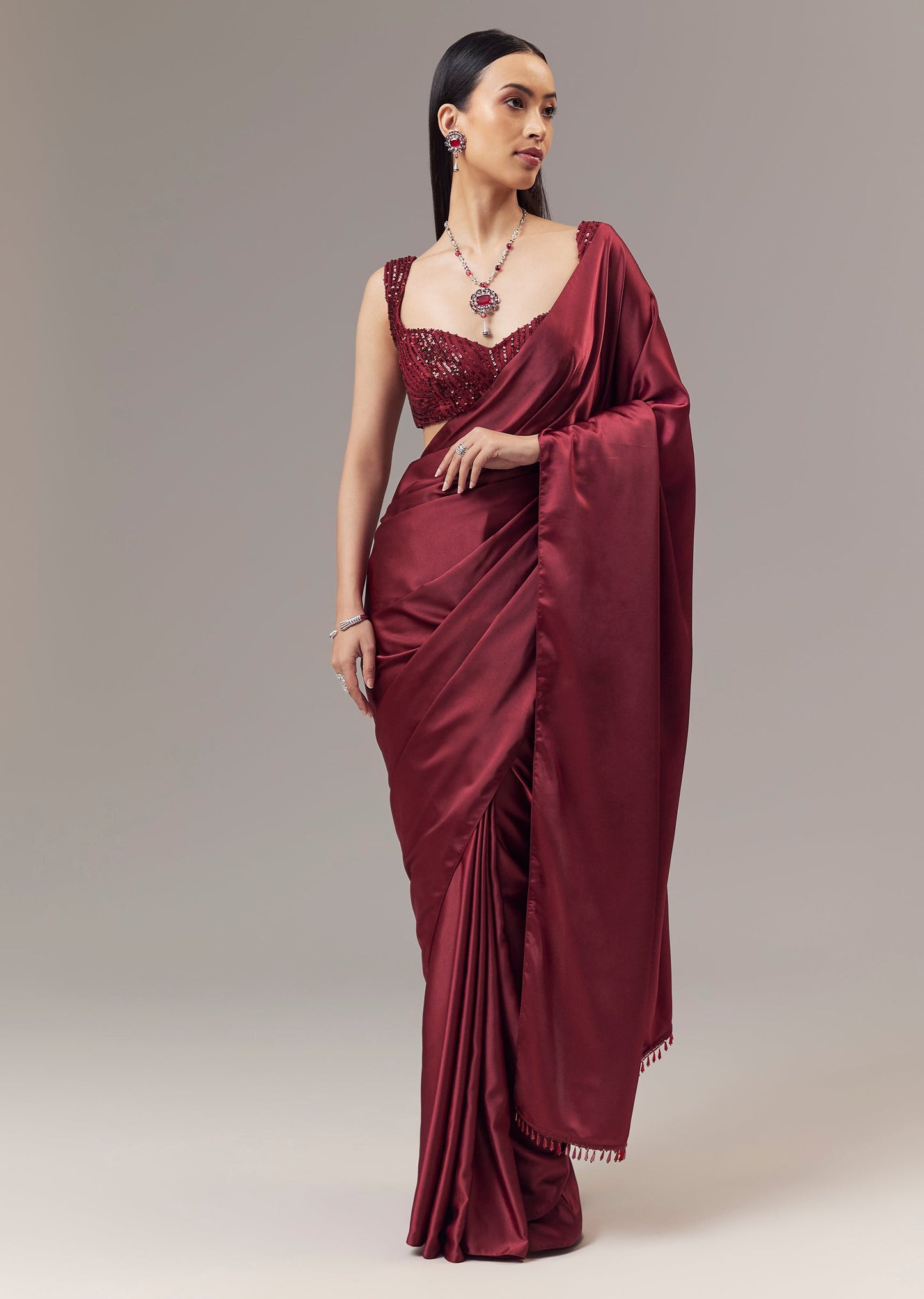 Red Satin Blend Saree With Cut Dana And Sequin Embellished Blouse