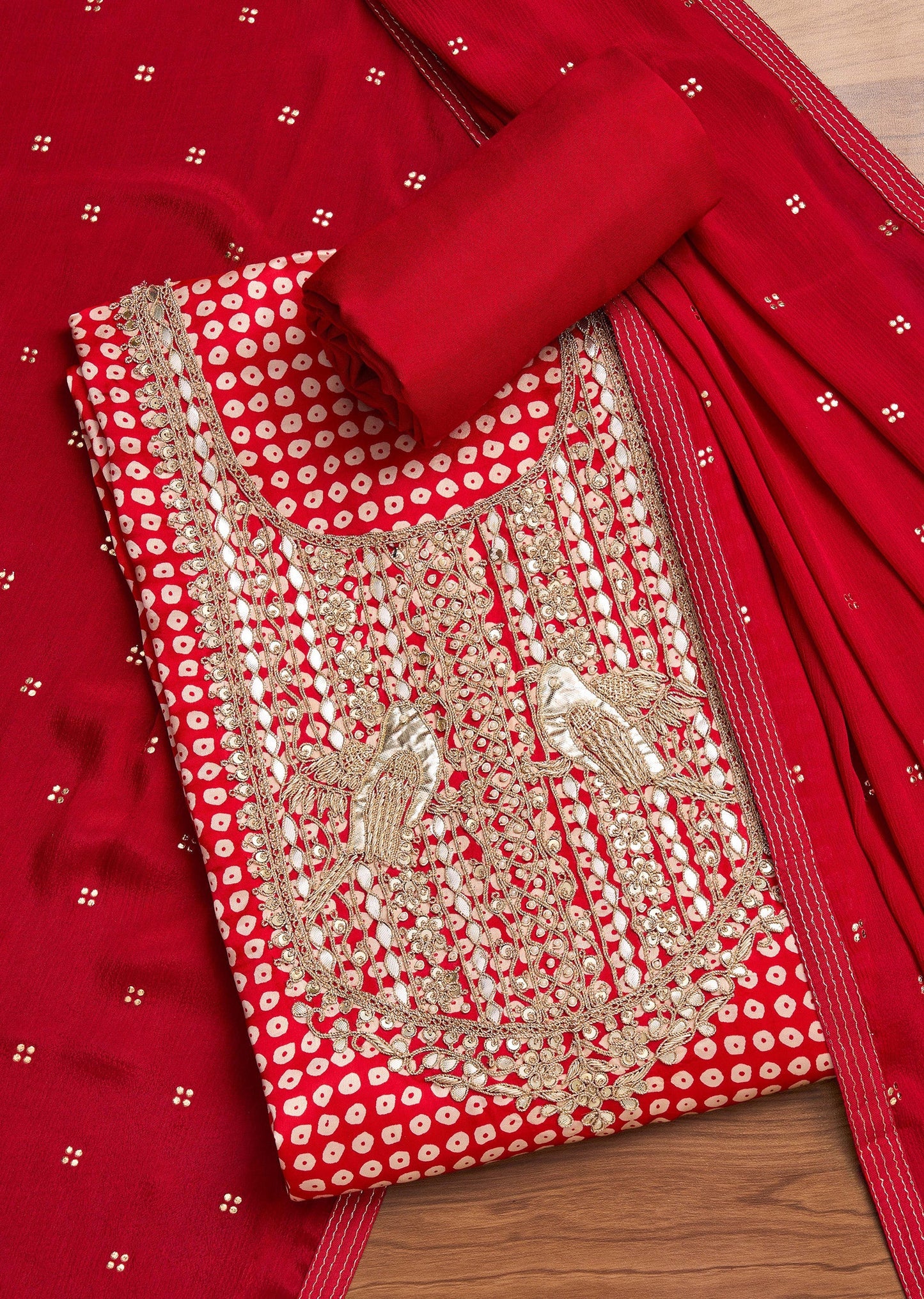 Red Satin Printed Unstitched Suit With Dupatta and Bottom Fabric