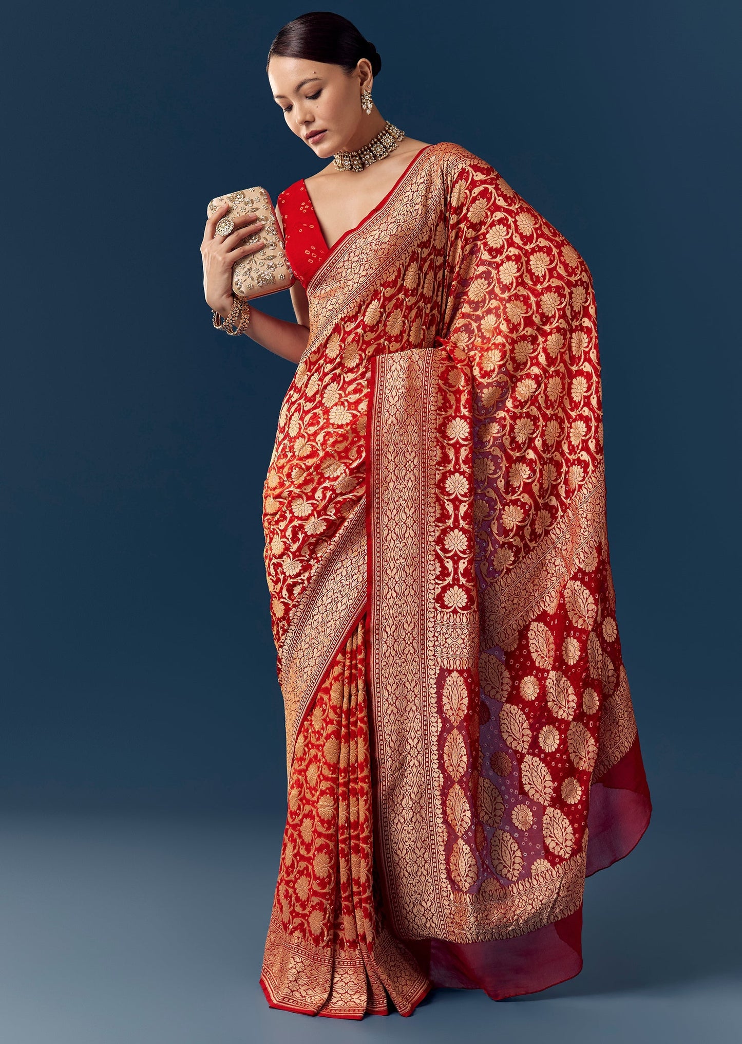 Red Shaded Khaddi Georgette Saree with Bandhani