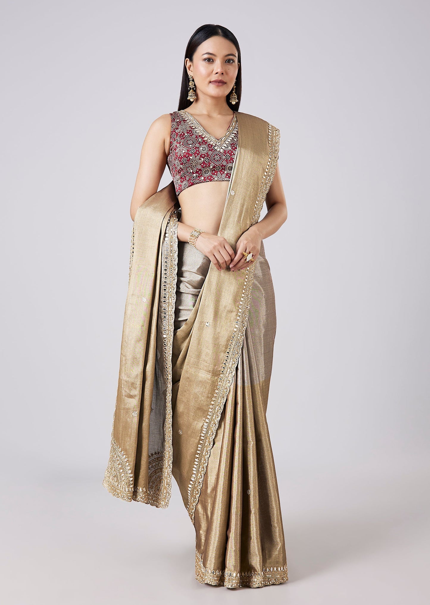 Red Solid Saree with Contrast Border and Blouse