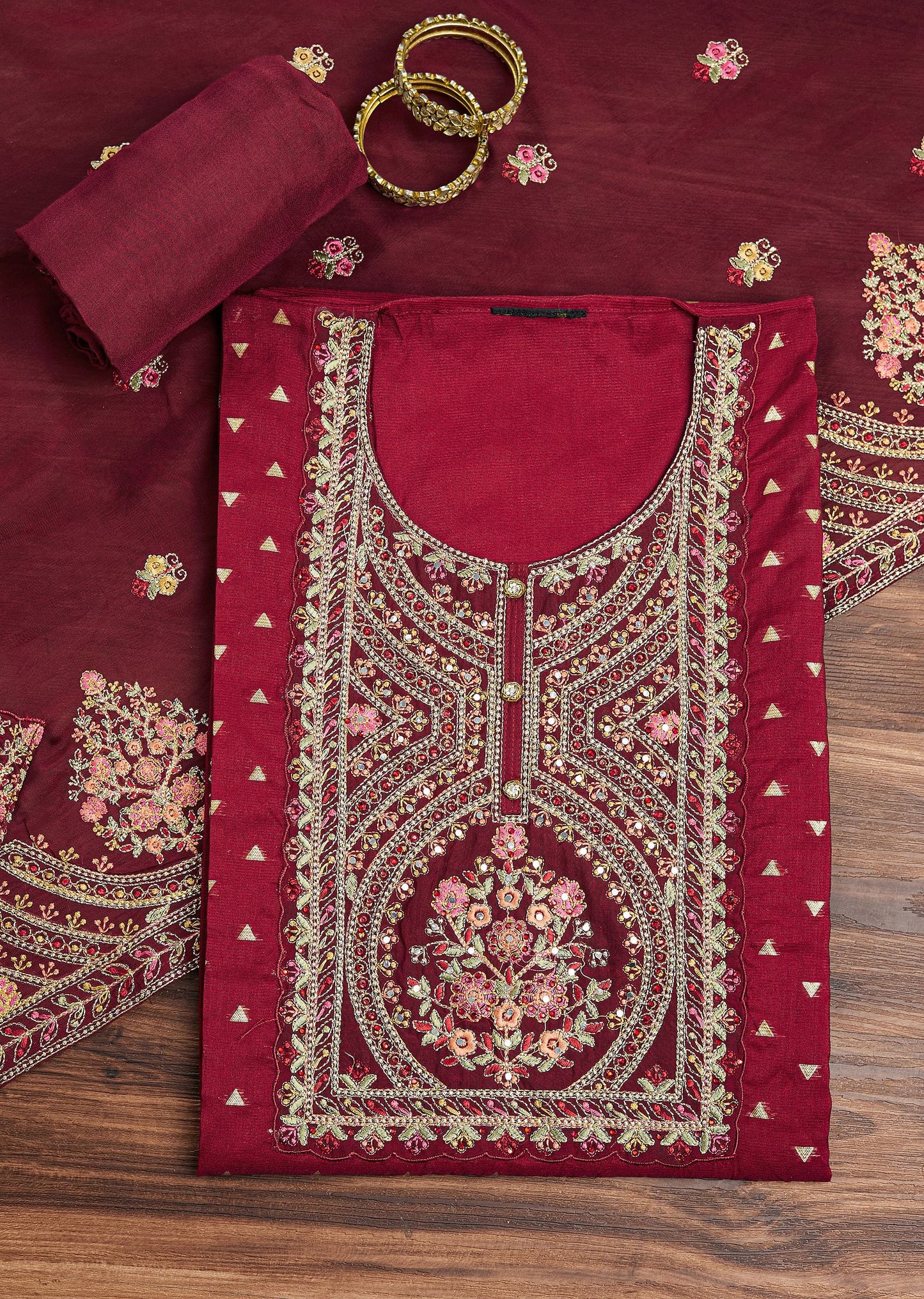 Red Tissue Unstitched Suit Set With Resham And Zari Embroidery