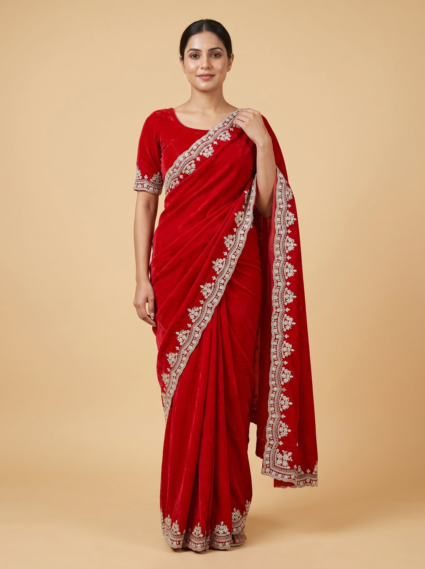 Red White Embroidered Saree