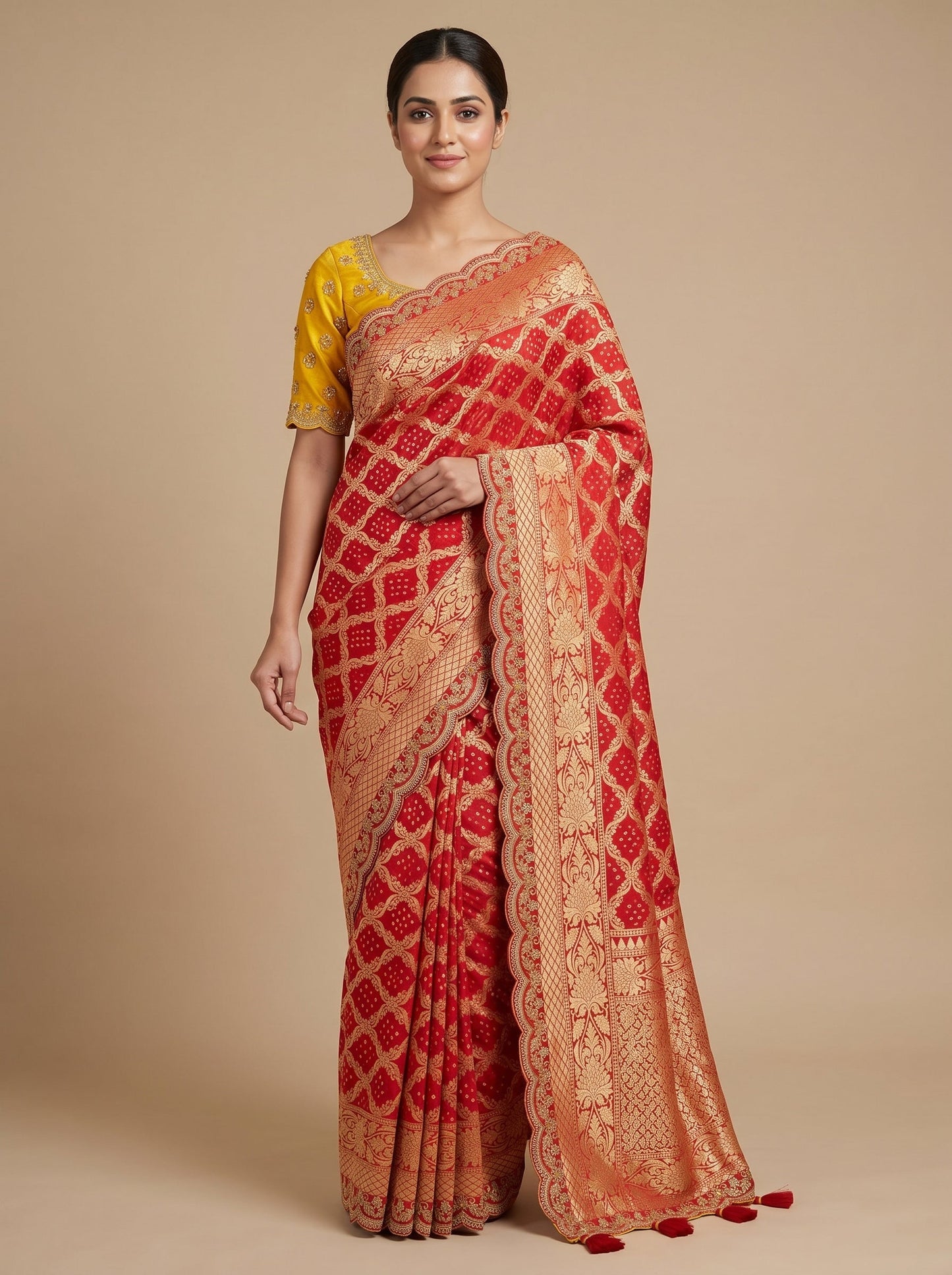 Red Yellow Dual Tone Embroidered Saree