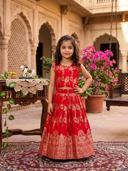 Evanik Red Banarasi Silk Kids Lehenga Choli Set with Zari Jacquard Work for Girls