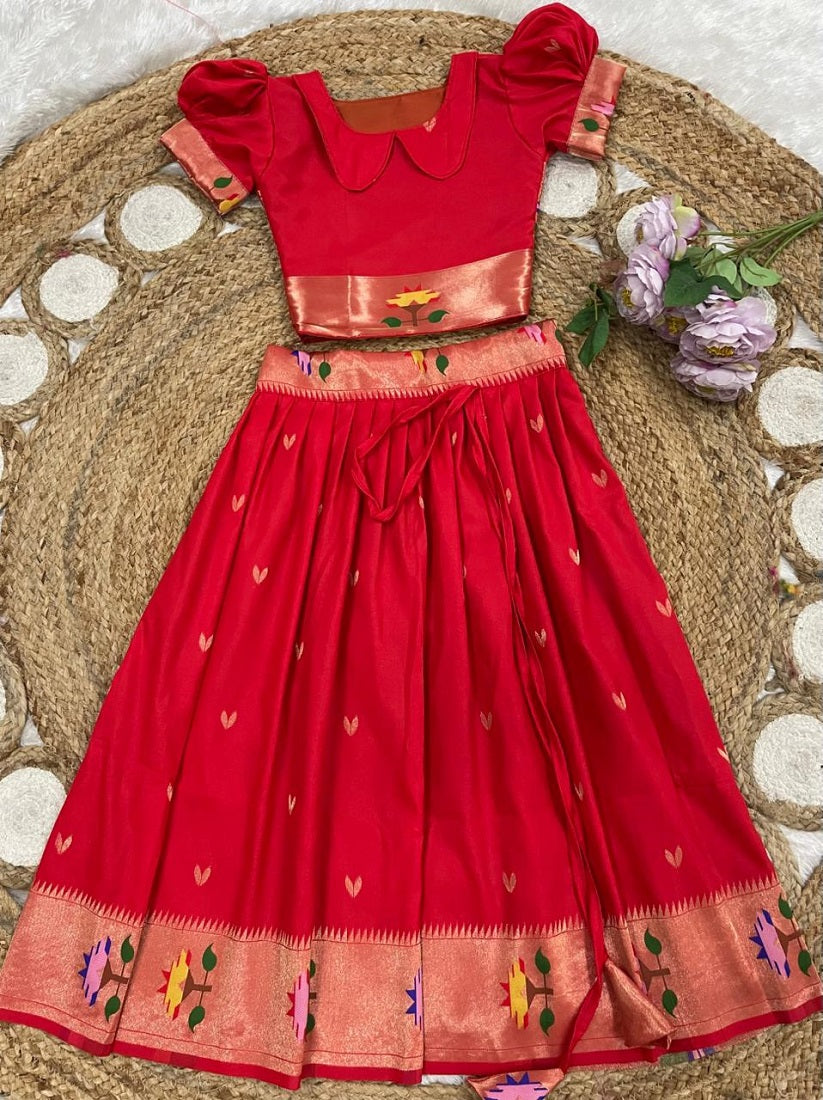 Evanik Red Soft Silk Paithani Design Zari Weaving Pavadai Lehenga Choli For Kids