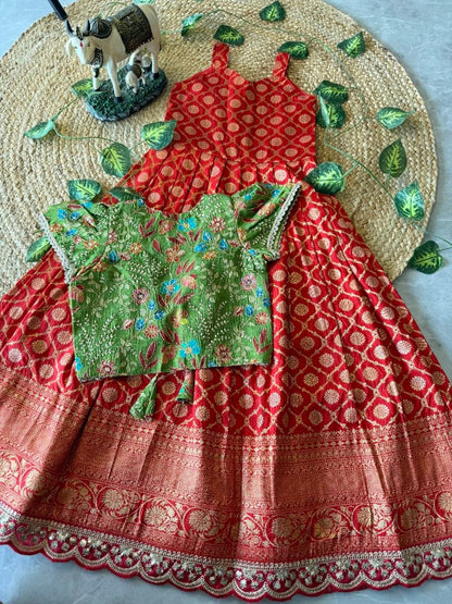 Evanik Festive Wear Red Dola Silk zari and thread weaving Gown With Position Print Koti