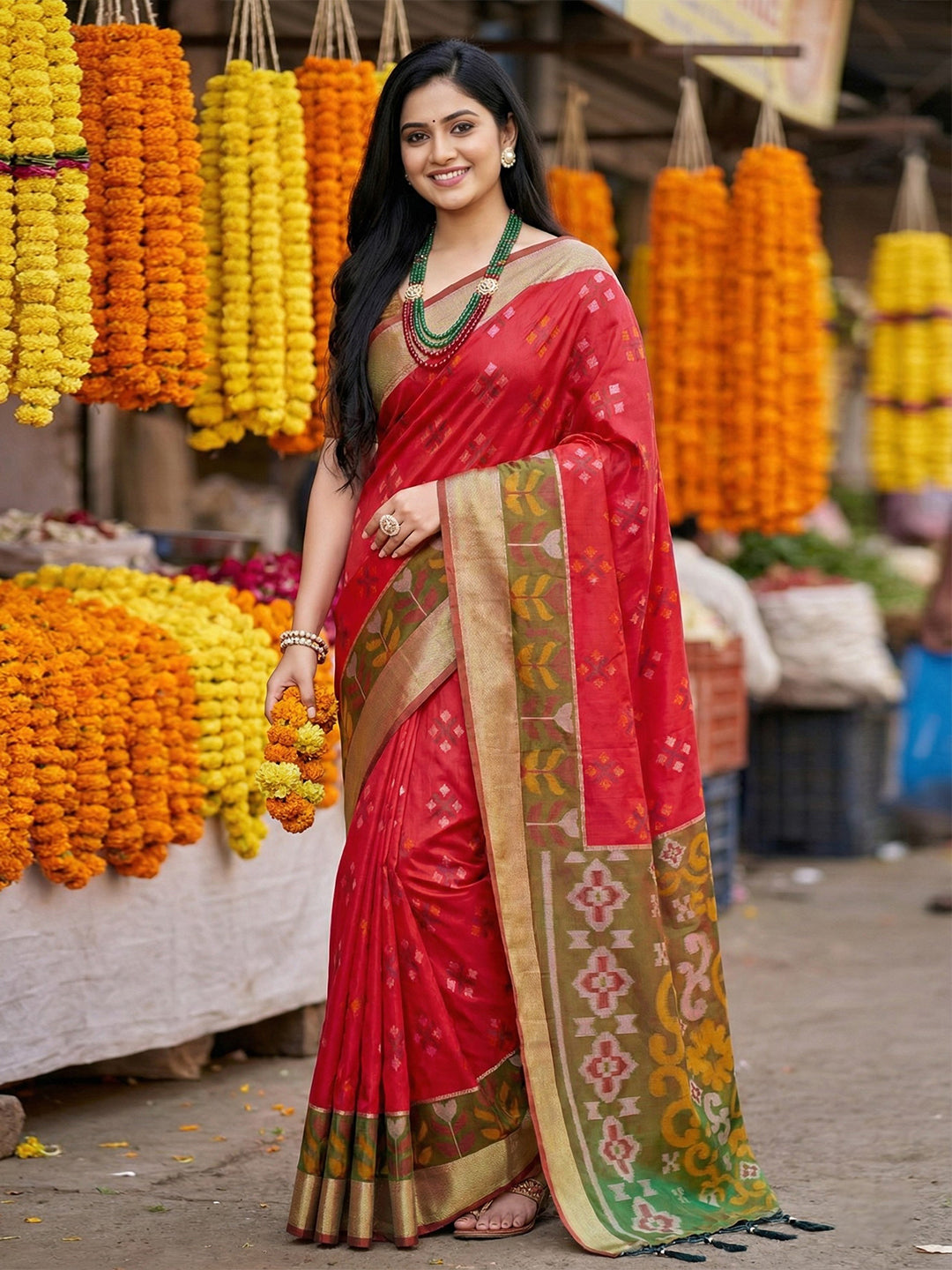 Anaita Red Pochampally Silk Woven Saree With Blouse