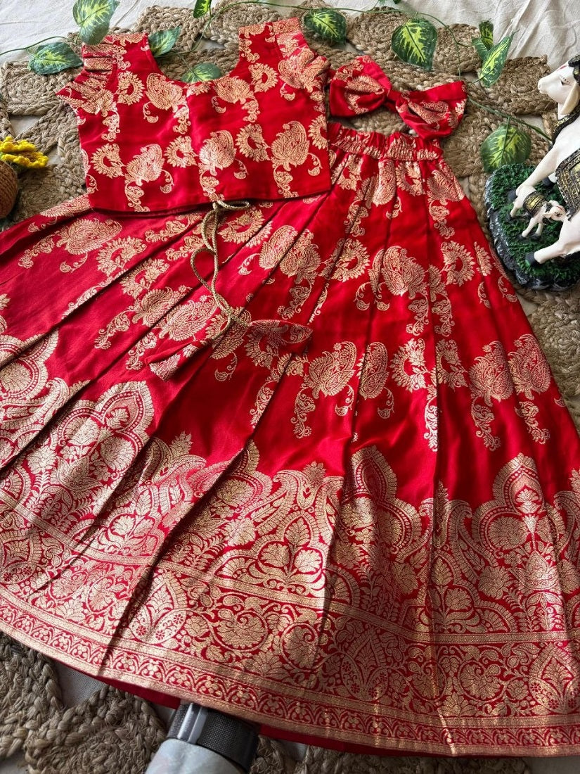 Evanik Red Banarasi Silk Kids Lehenga Choli Set with Zari Jacquard Work for Girls