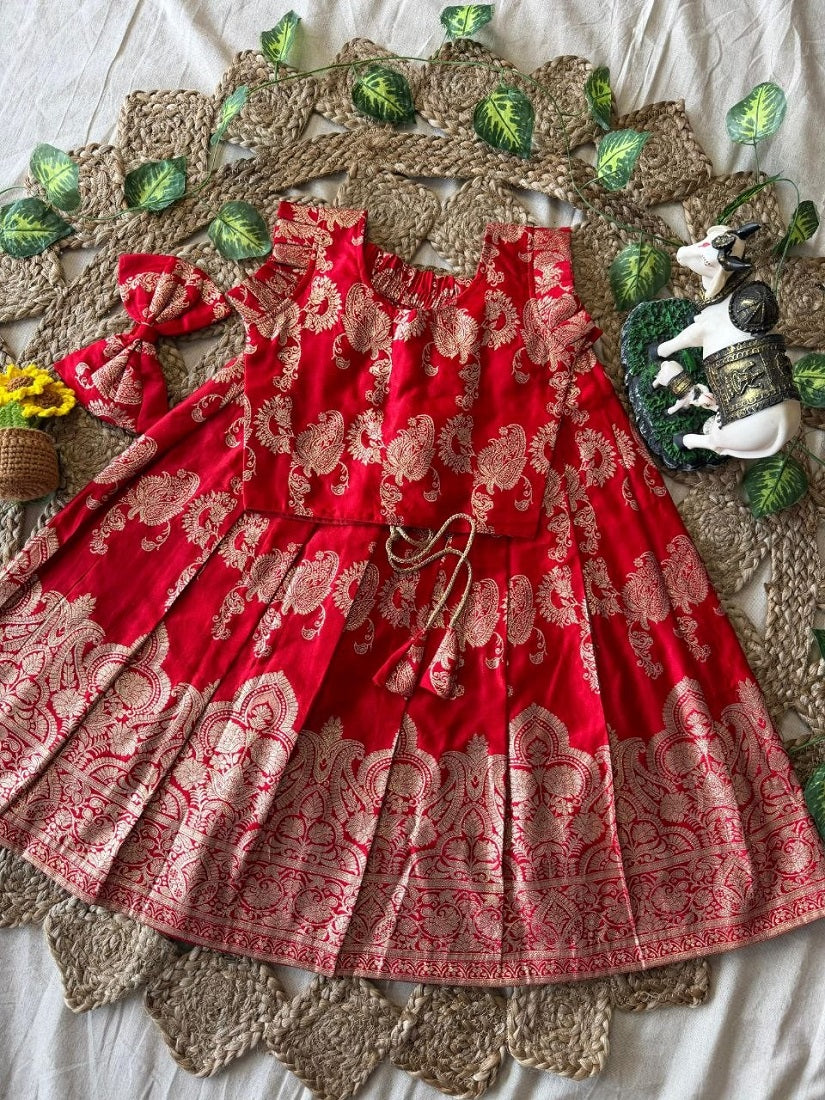 Evanik Red Banarasi Silk Kids Lehenga Choli Set with Zari Jacquard Work for Girls